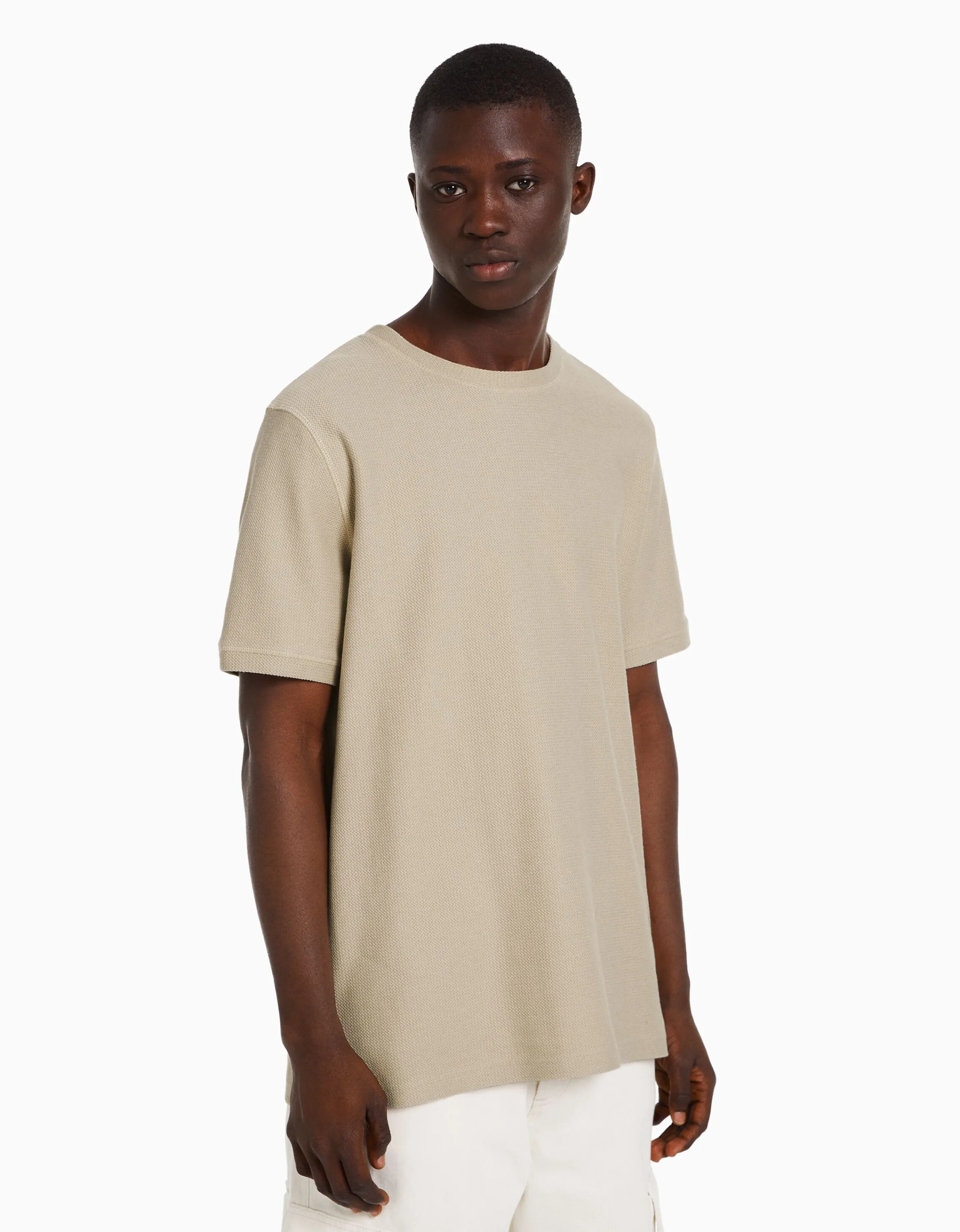 BERSHKA Camiseta manga corta textura Camel Cheap