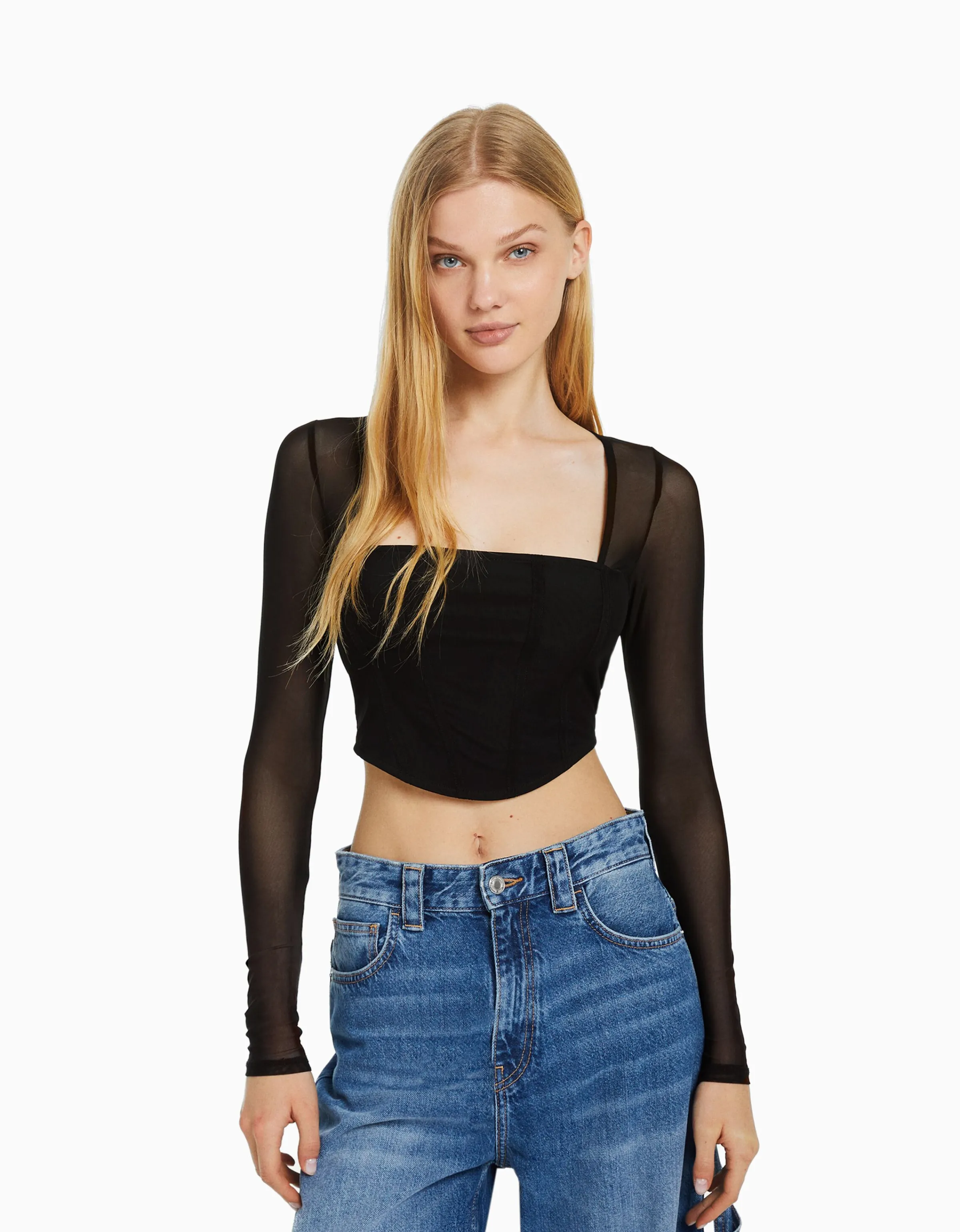 BERSHKA Camiseta manga larga corsé tul Negro Discount