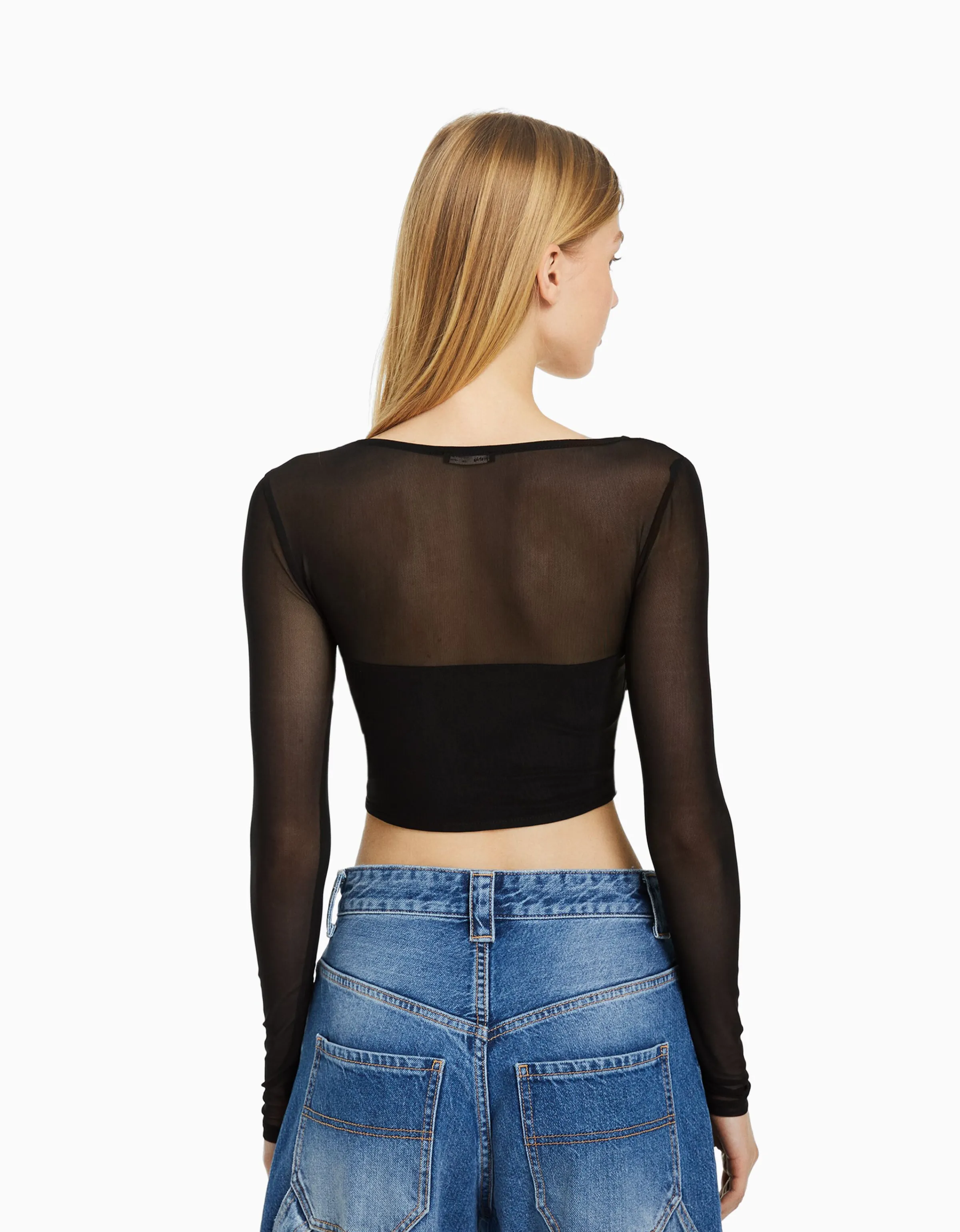 BERSHKA Camiseta manga larga corsé tul Negro Discount