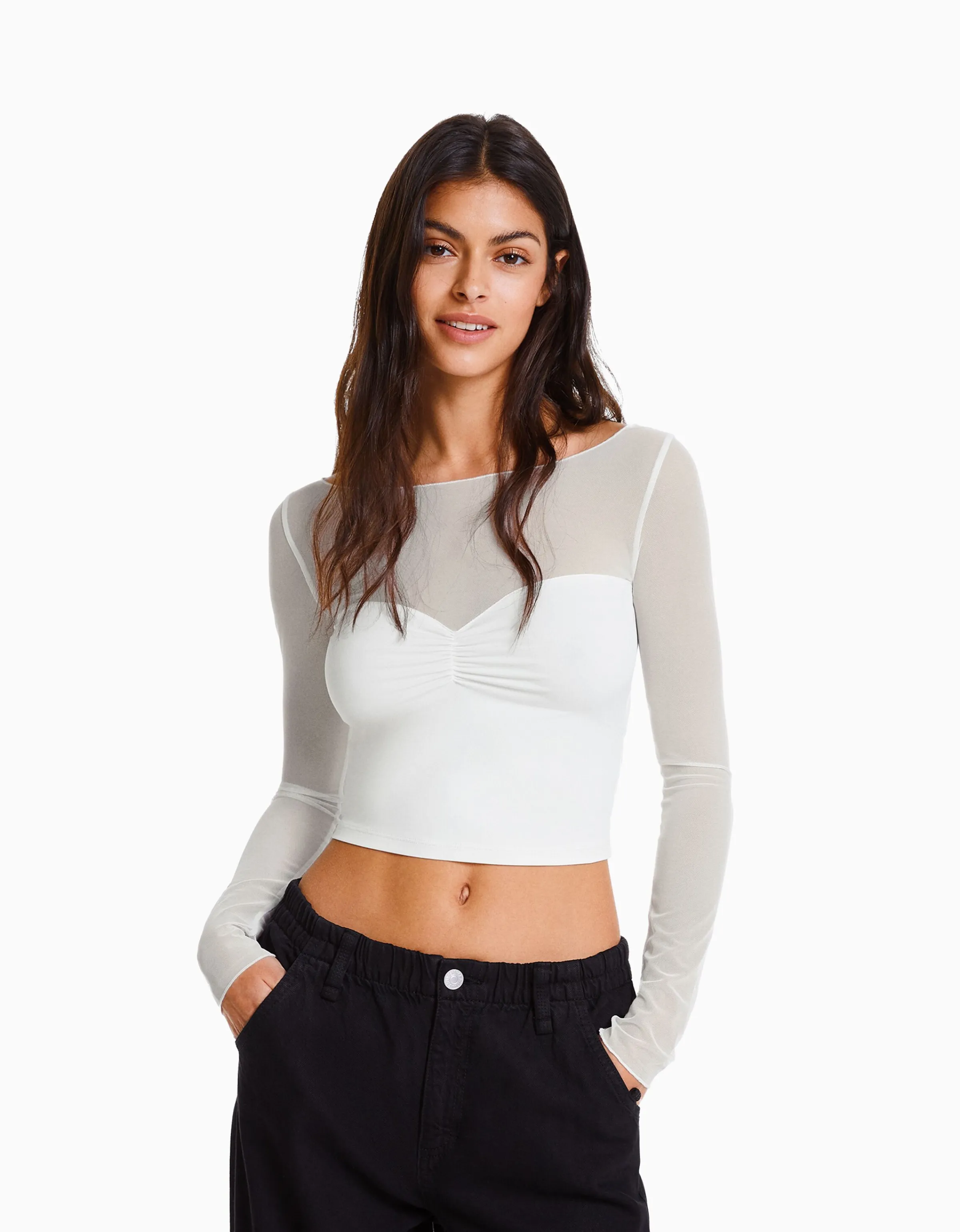 BERSHKA Camiseta manga larga cropped tejido contraste Blanco Hot