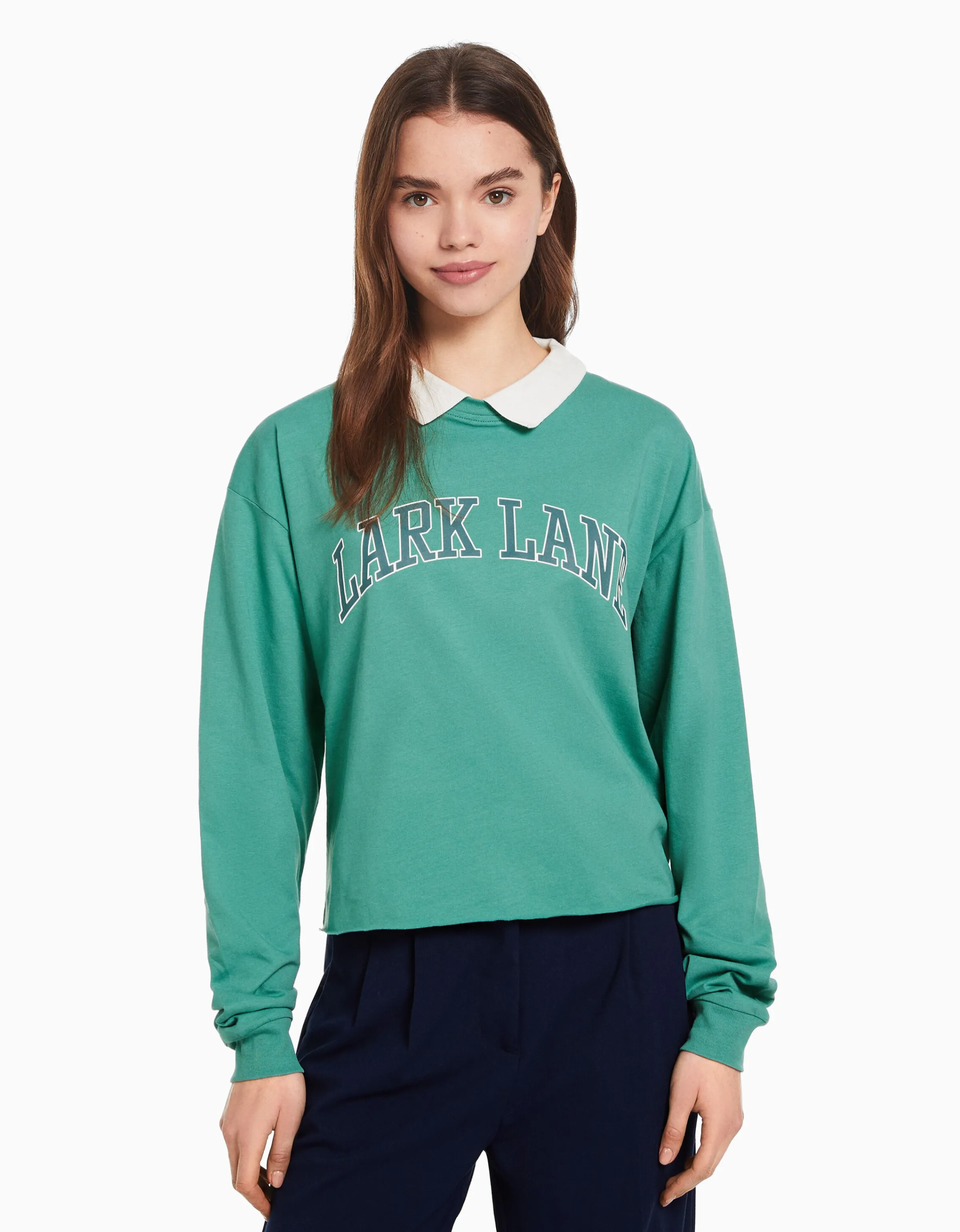 BERSHKA Camiseta manga larga cuello polo print Verde Sale