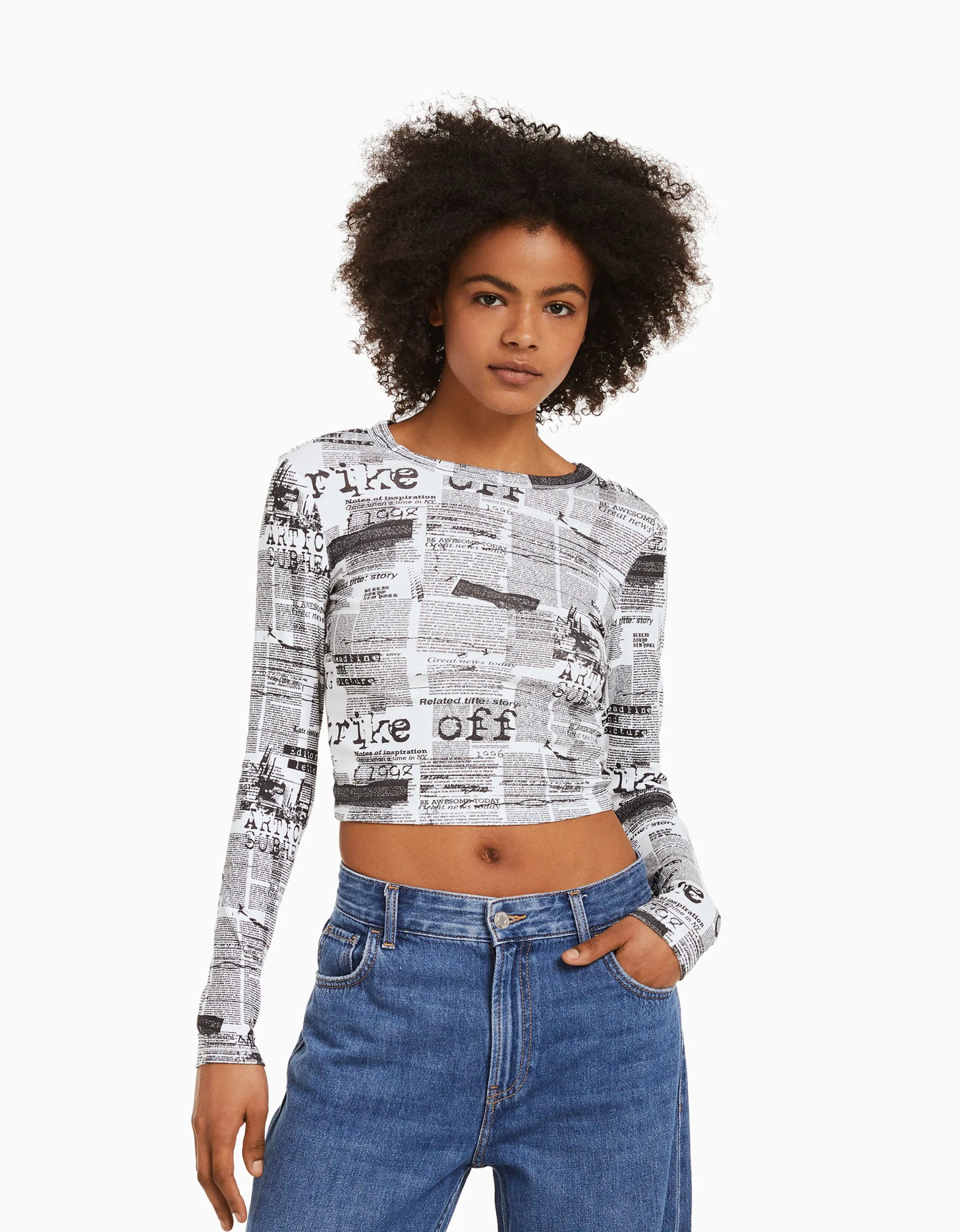 BERSHKA Camiseta manga larga print Rojo Flash Sale