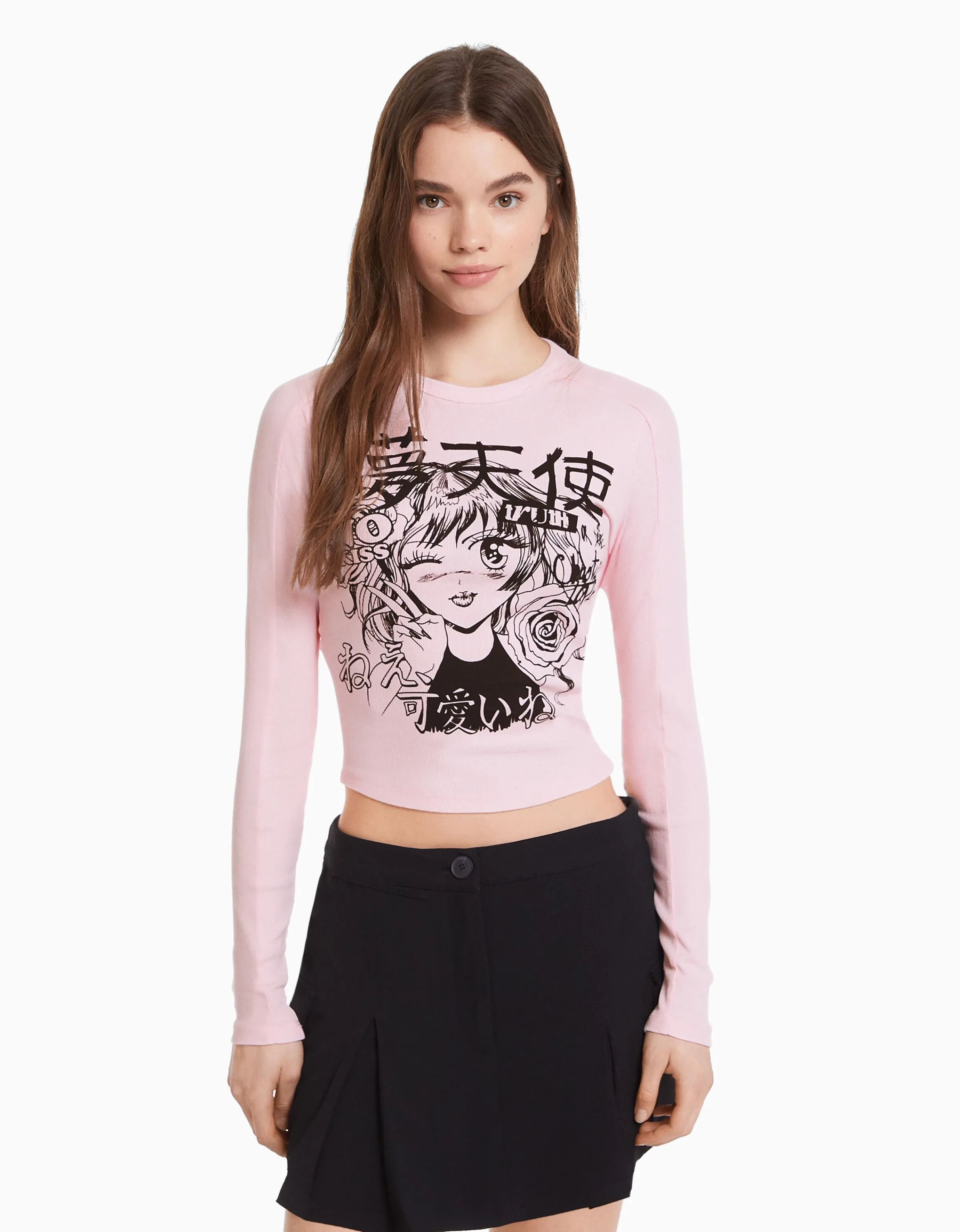 BERSHKA Camiseta manga larga print anime Rosa Hot