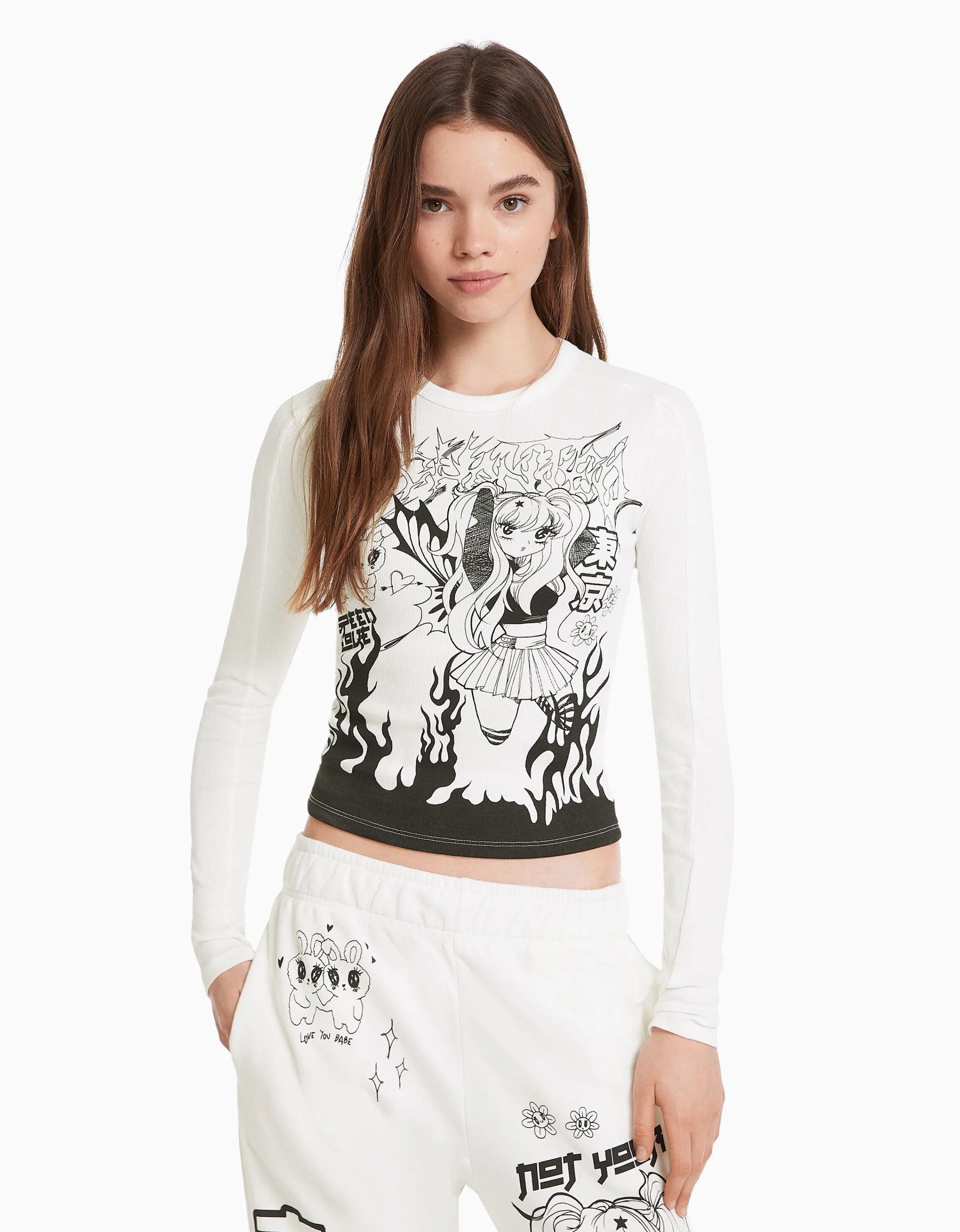 BERSHKA Camiseta manga larga print anime Rosa Hot