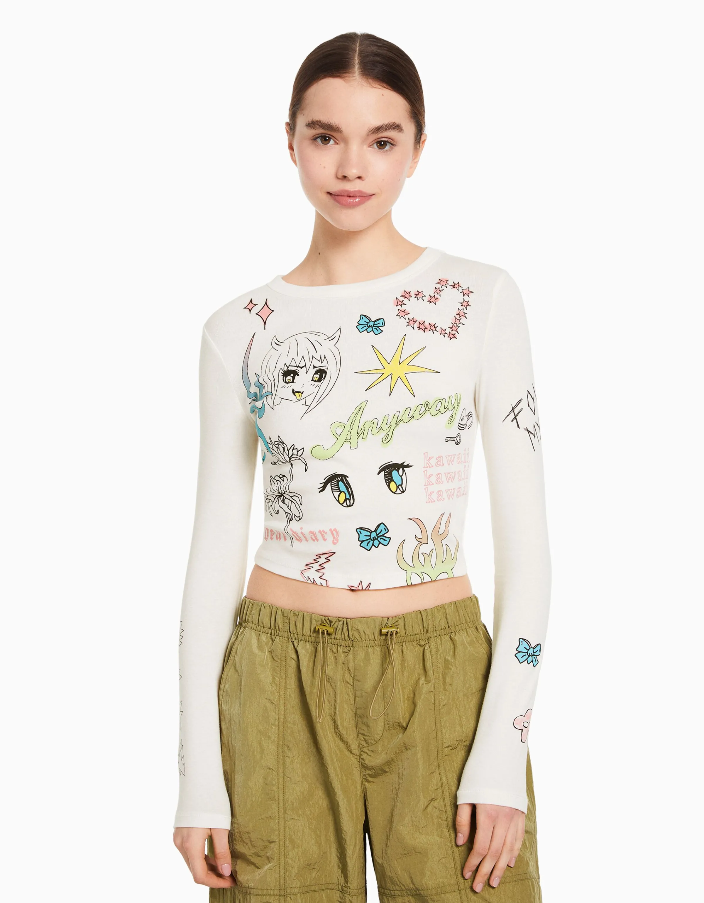 BERSHKA Camiseta manga larga print mariposa Rojo Discount