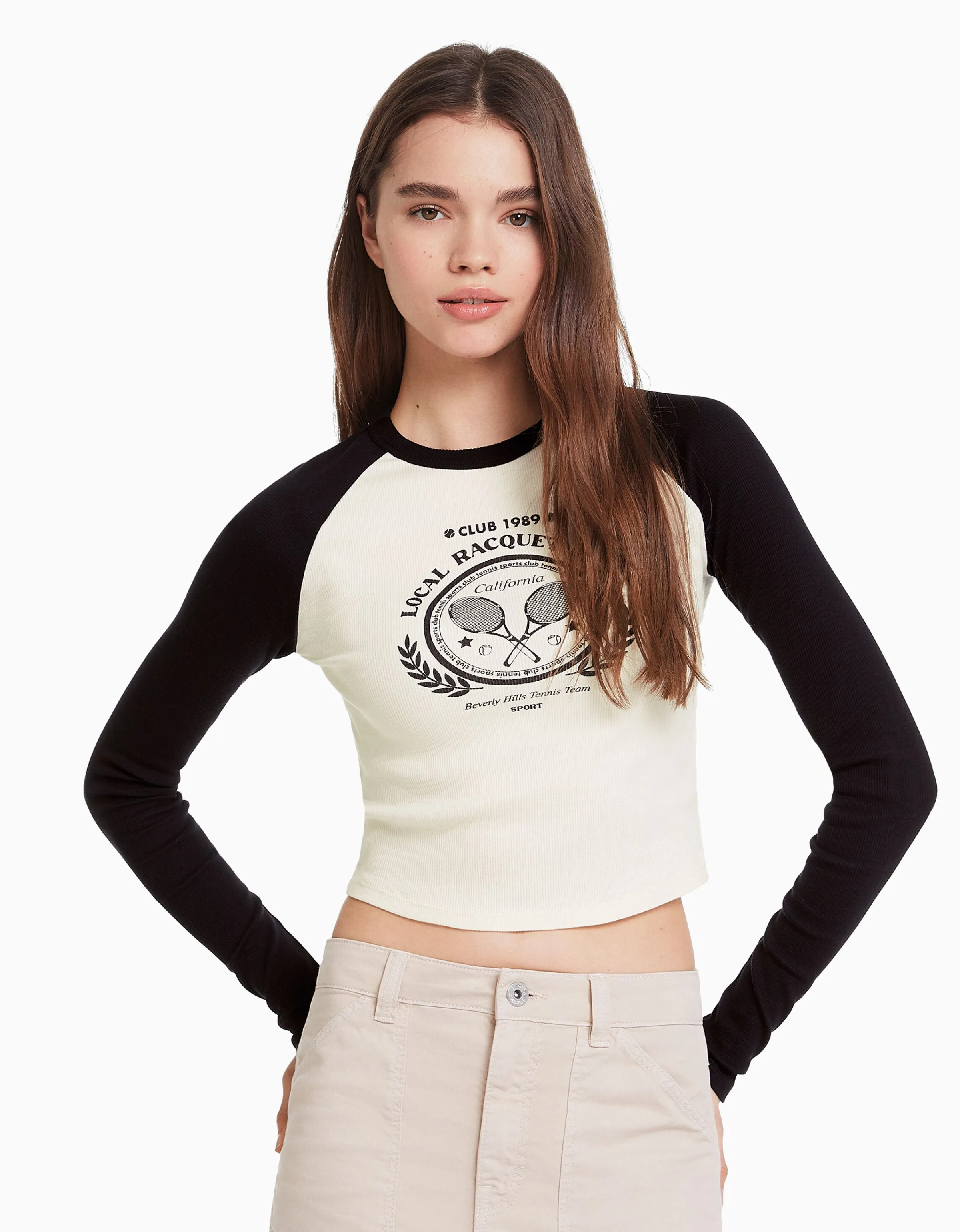 BERSHKA Camiseta manga larga ranglan Blanco / Negro Best Sale