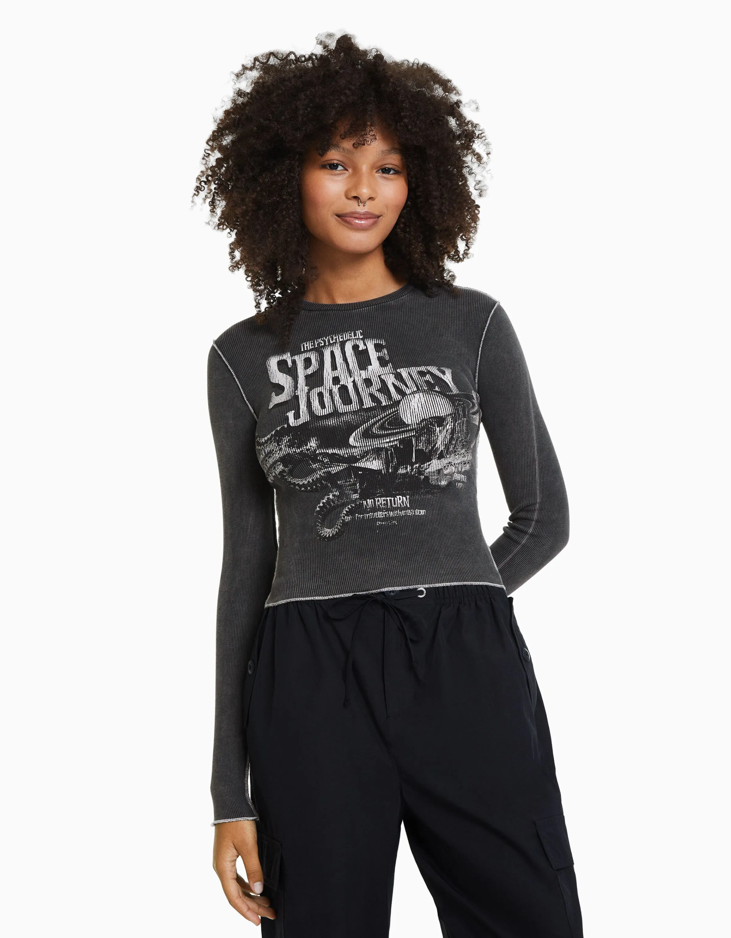 BERSHKA Camiseta manga larga rib Negro Flash Sale