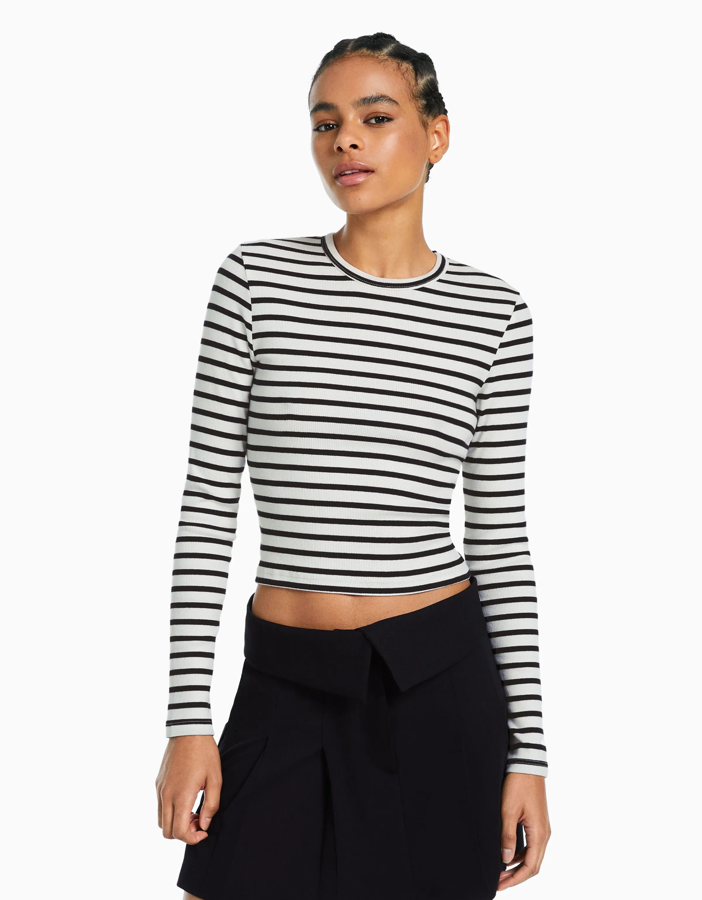 BERSHKA Camiseta manga larga rib Blanco / Negro Sale