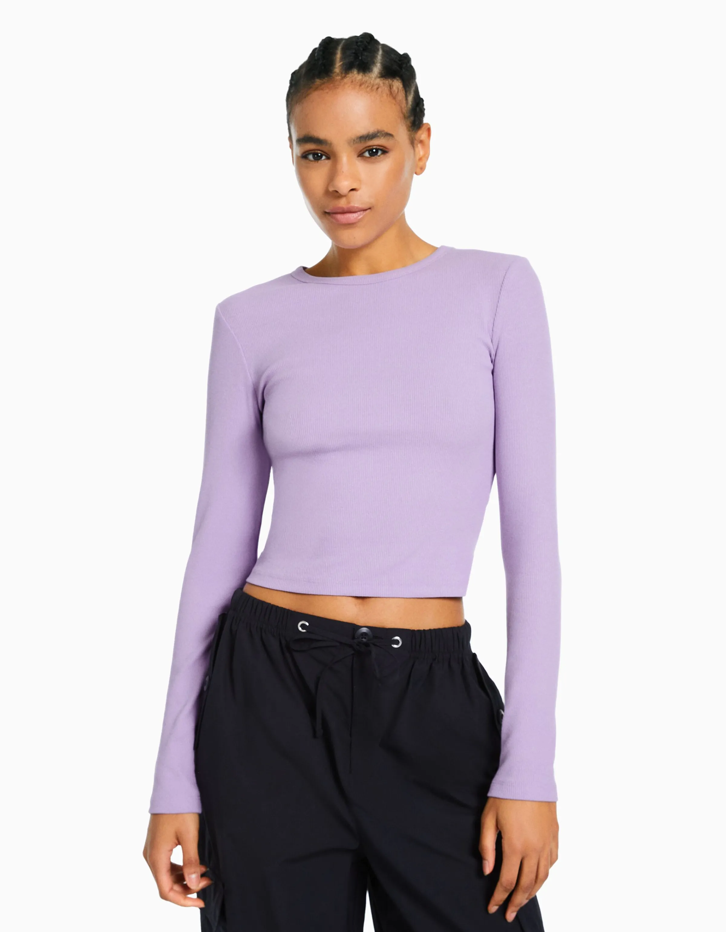 BERSHKA Camiseta manga larga rib Morado Store