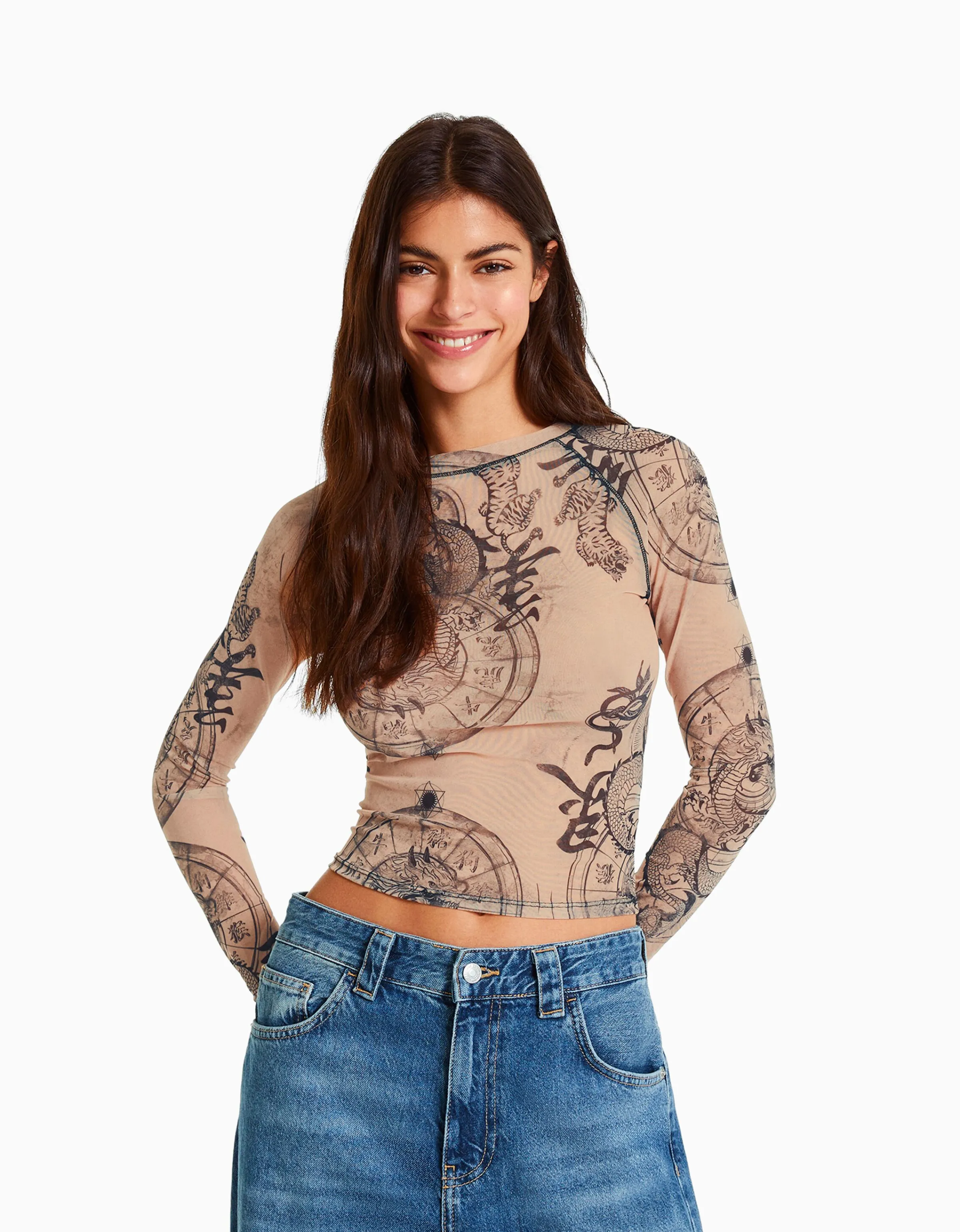 BERSHKA Camiseta manga larga tul ranglan Rosa Online