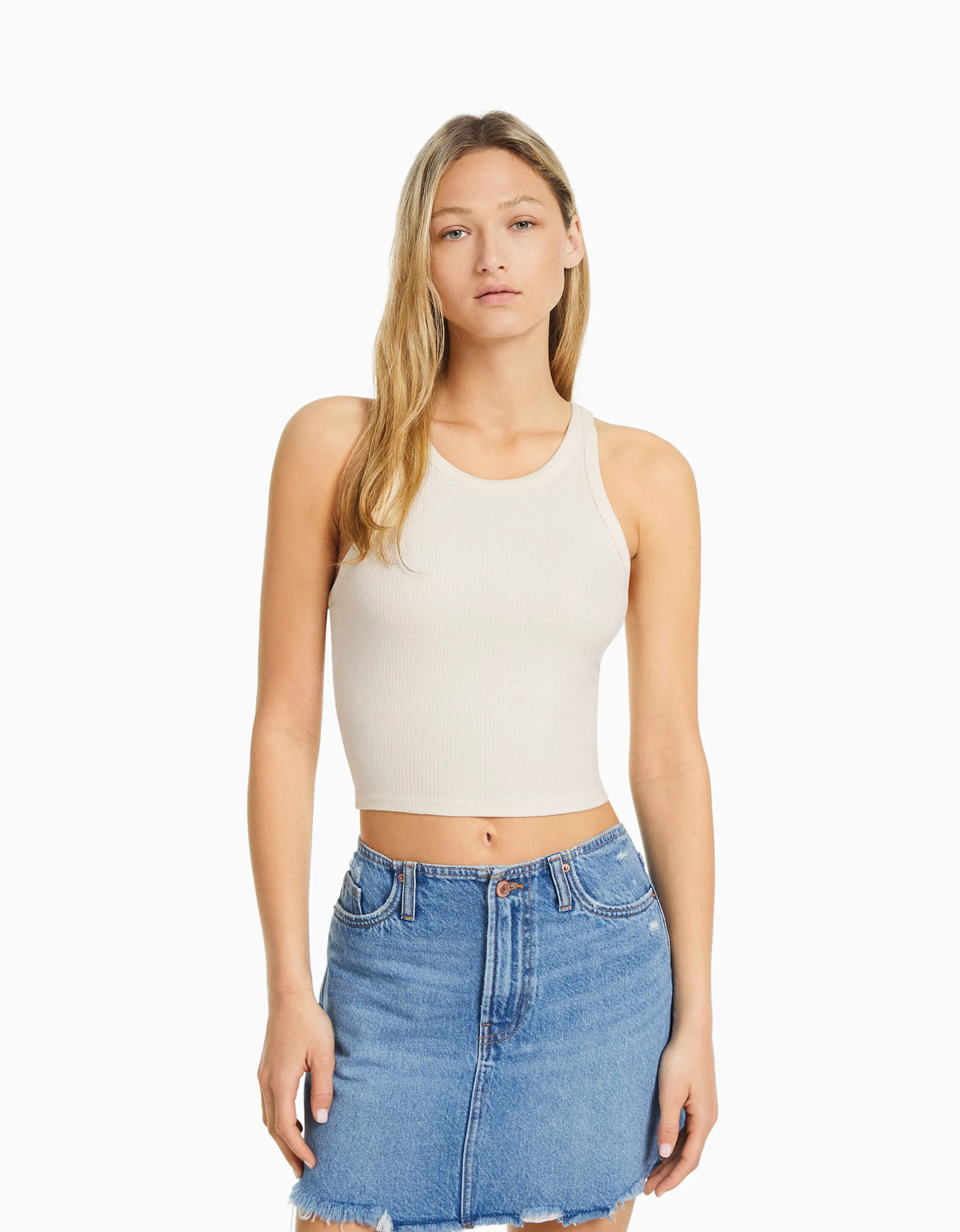 BERSHKA Camiseta sin mangas rib Blanco Sale