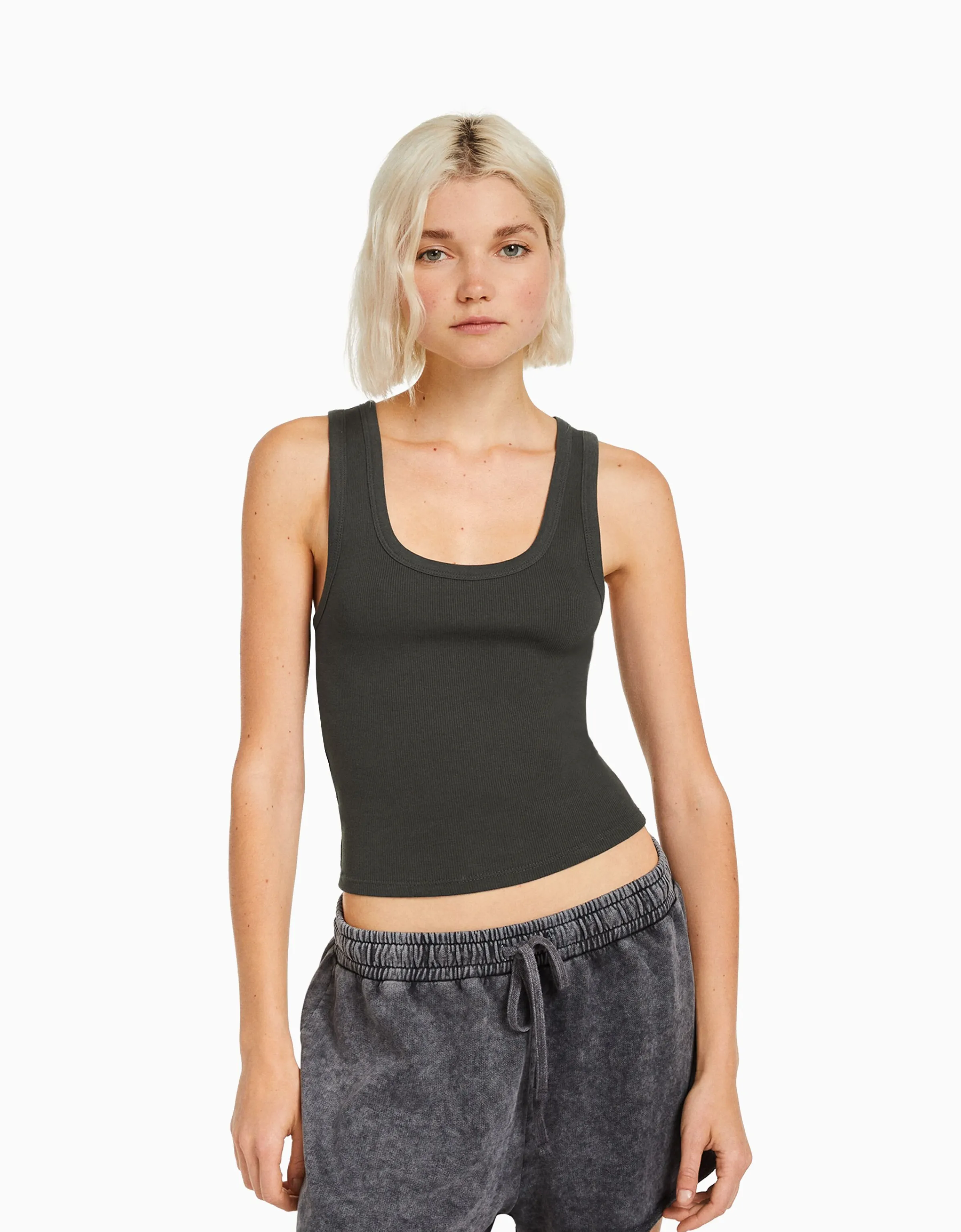 BERSHKA Camiseta sin mangas rib Gris Fashion