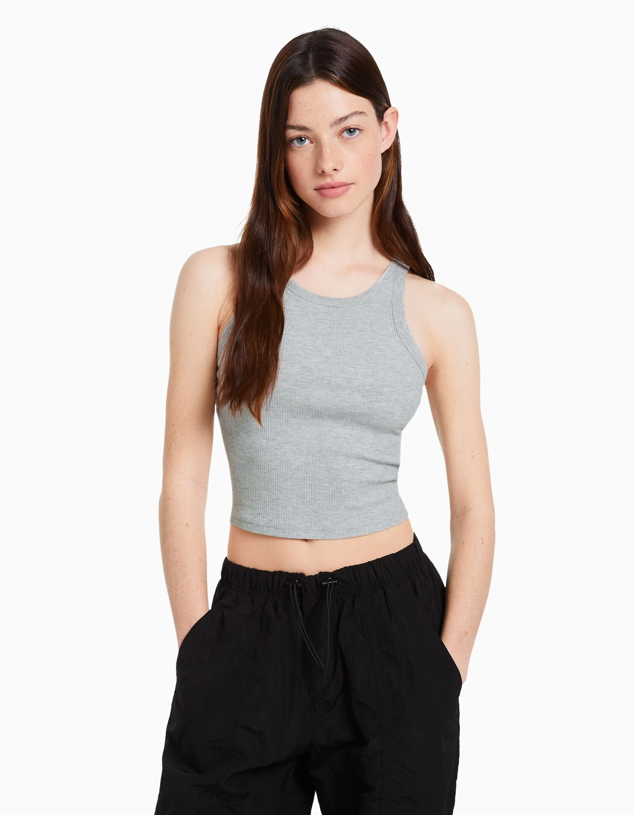 BERSHKA Camiseta sin mangas rib Gris Shop