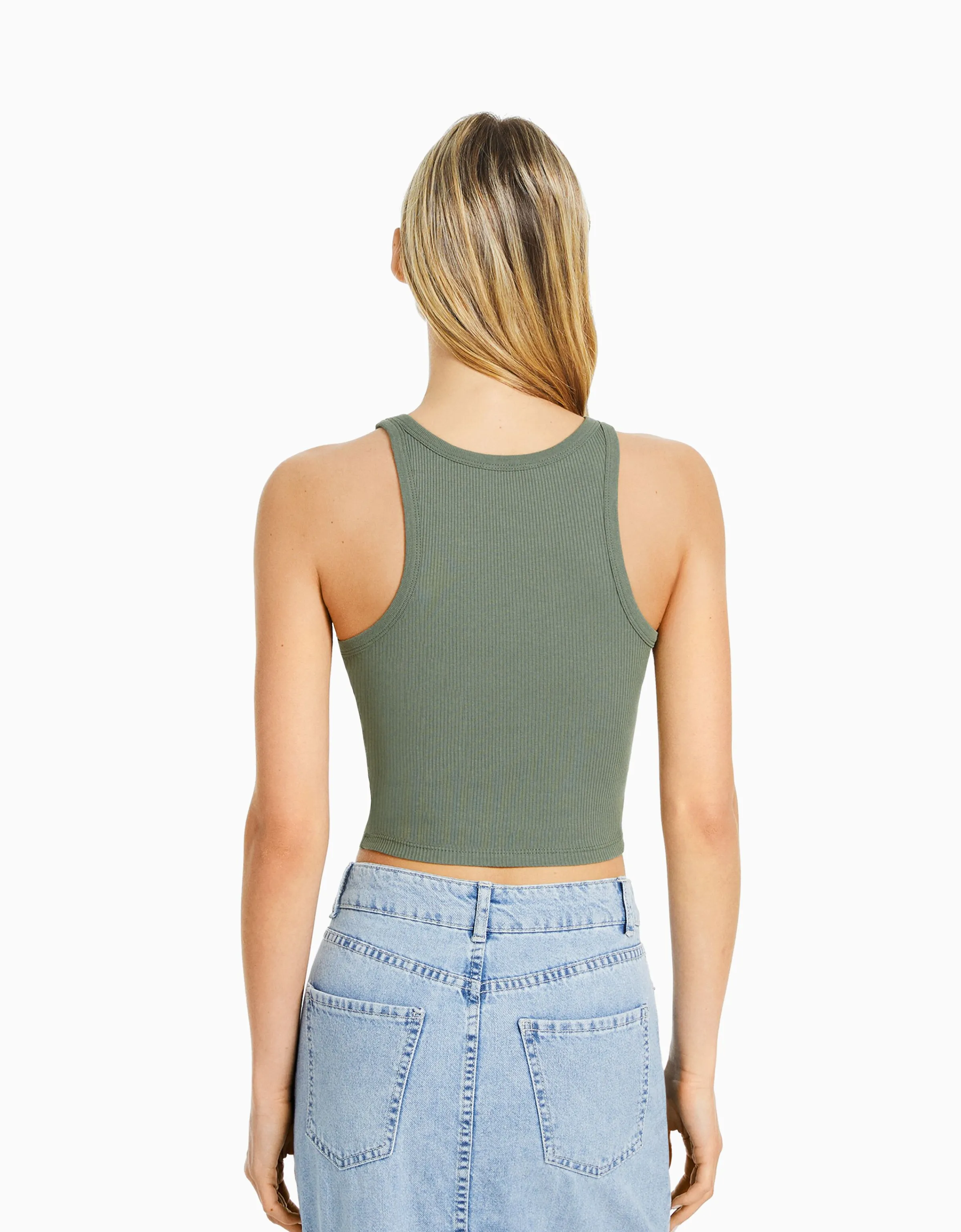 BERSHKA Camiseta sin mangas rib Kaki Discount