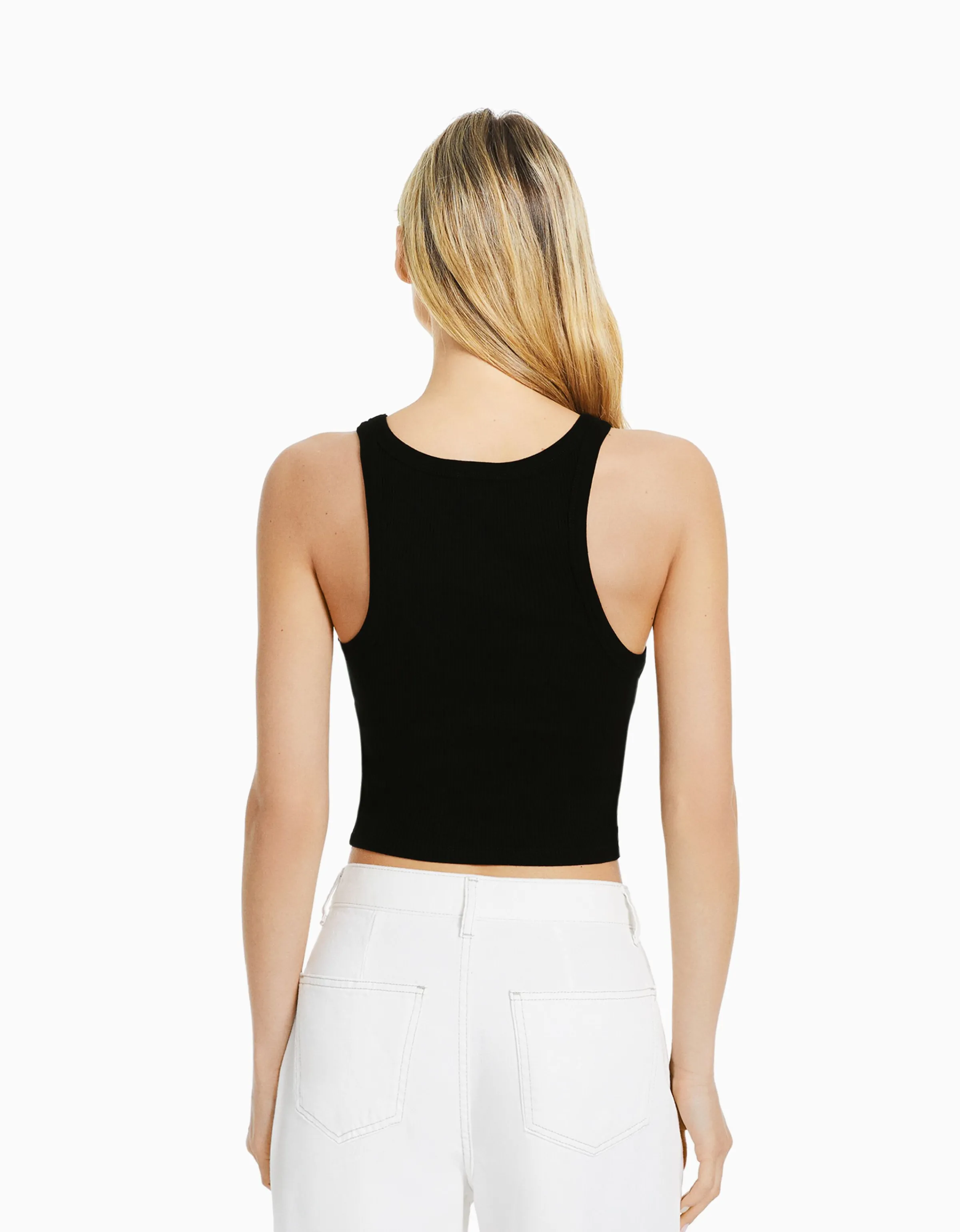 BERSHKA Camiseta sin mangas rib Negro Flash Sale