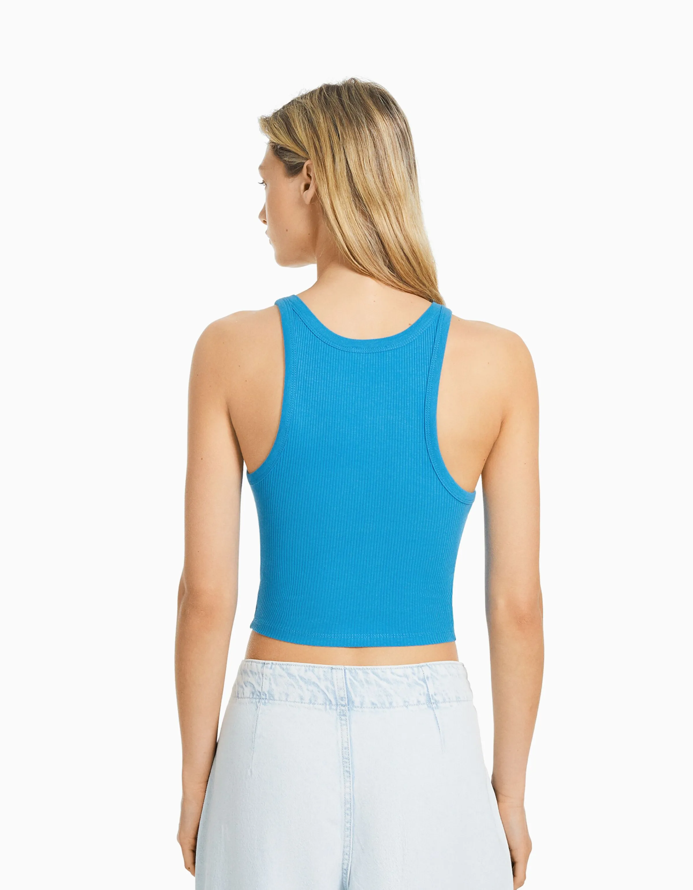 BERSHKA Camiseta sin mangas rib Azul Discount