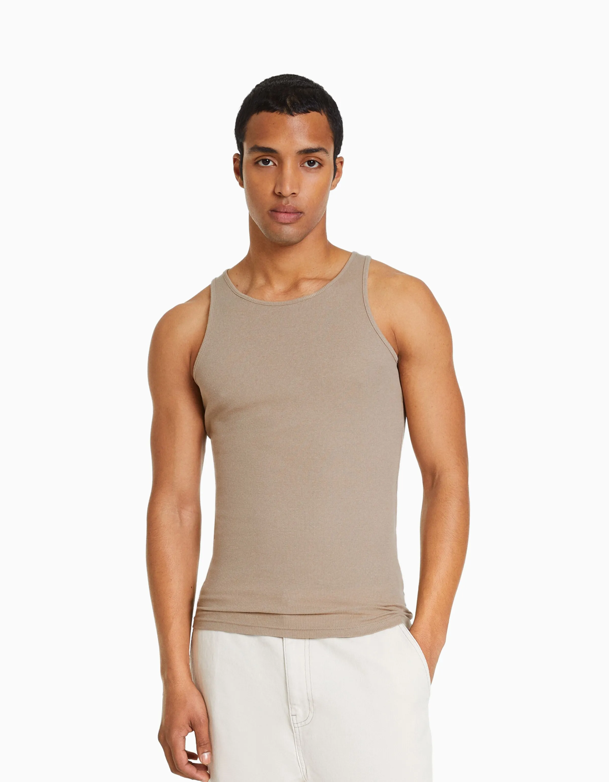 BERSHKA Camiseta tirantes rib Camel Cheap