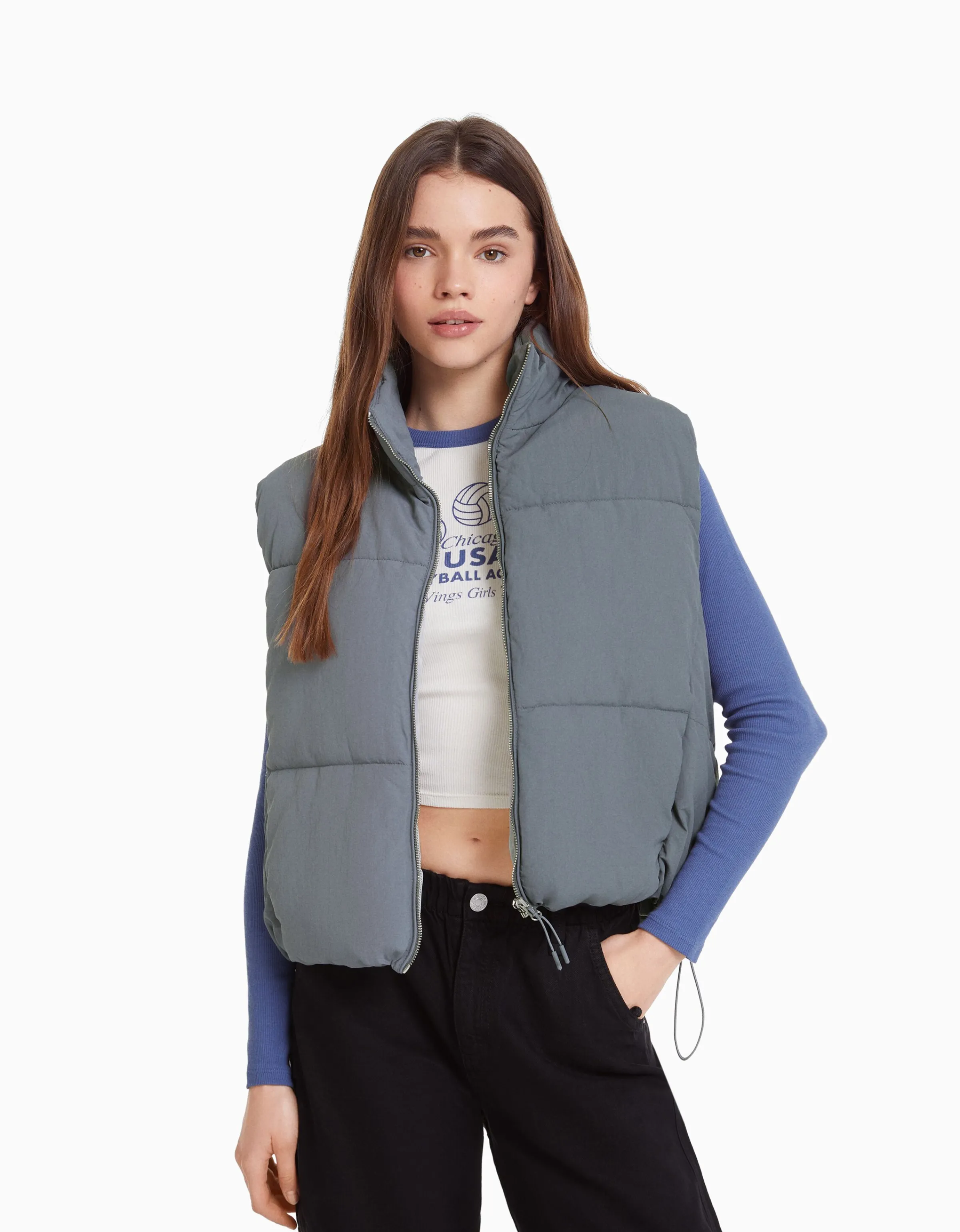 BERSHKA Chaleco puffy efecto nylon forro Gris Discount