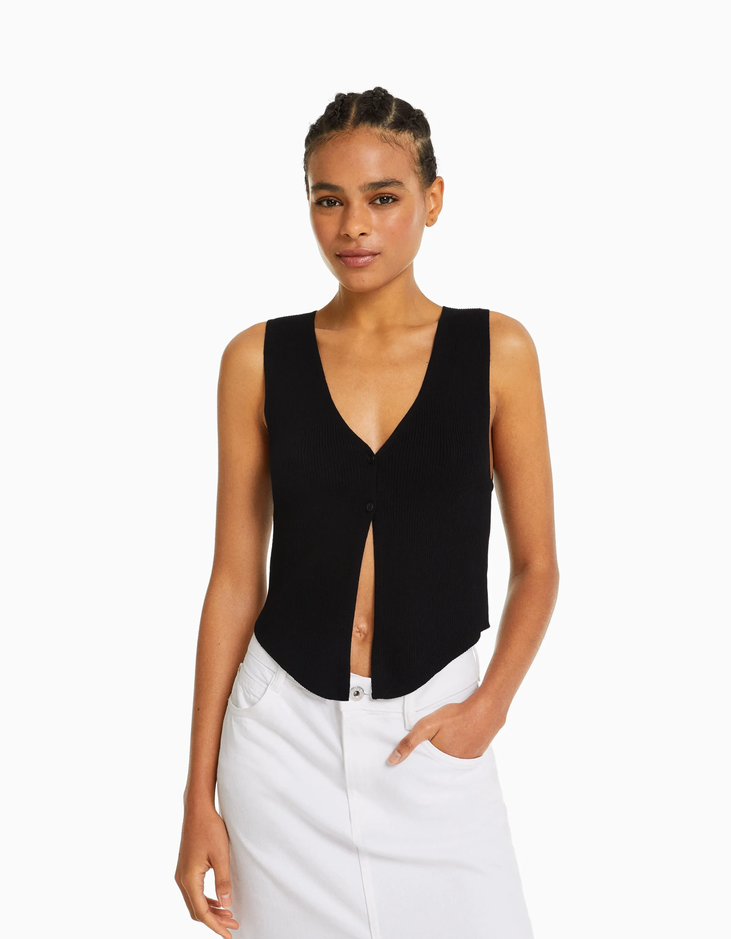 BERSHKA Chaleco punto botones Negro Outlet