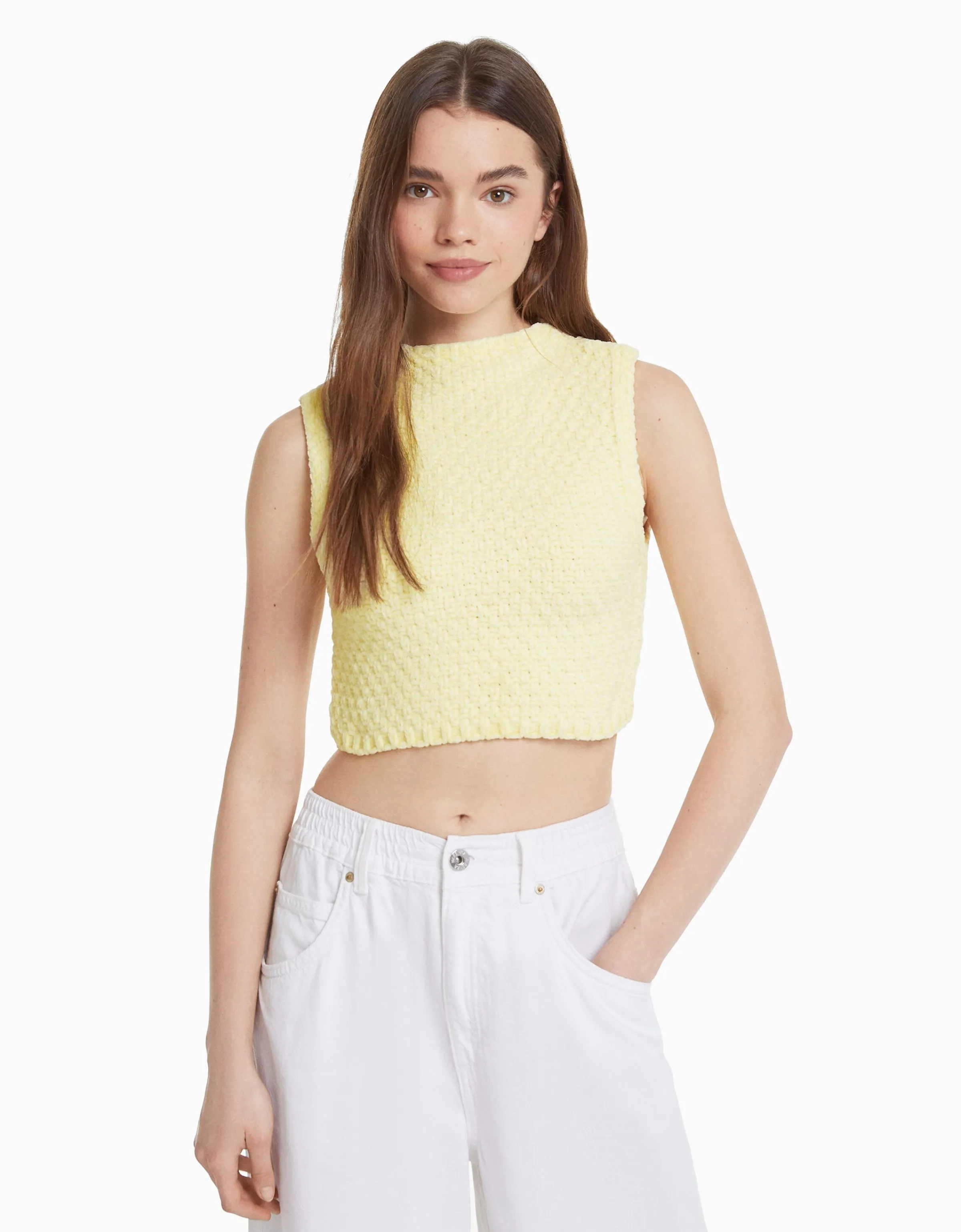 BERSHKA Chaleco punto chenilla Amarillo Online