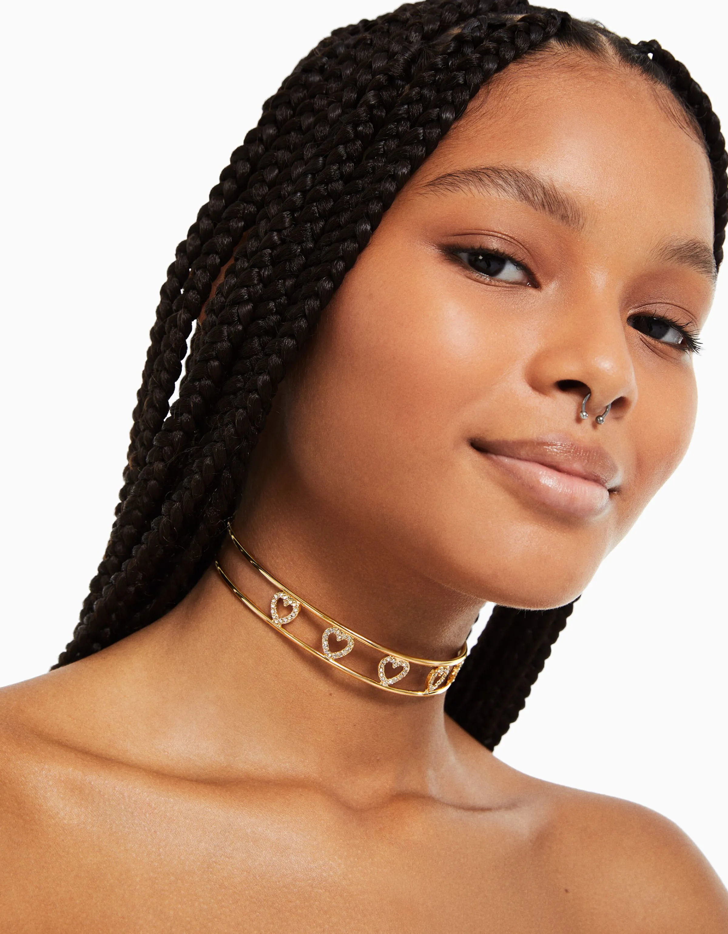 BERSHKA Choker rígido corazones pedrería Oro New