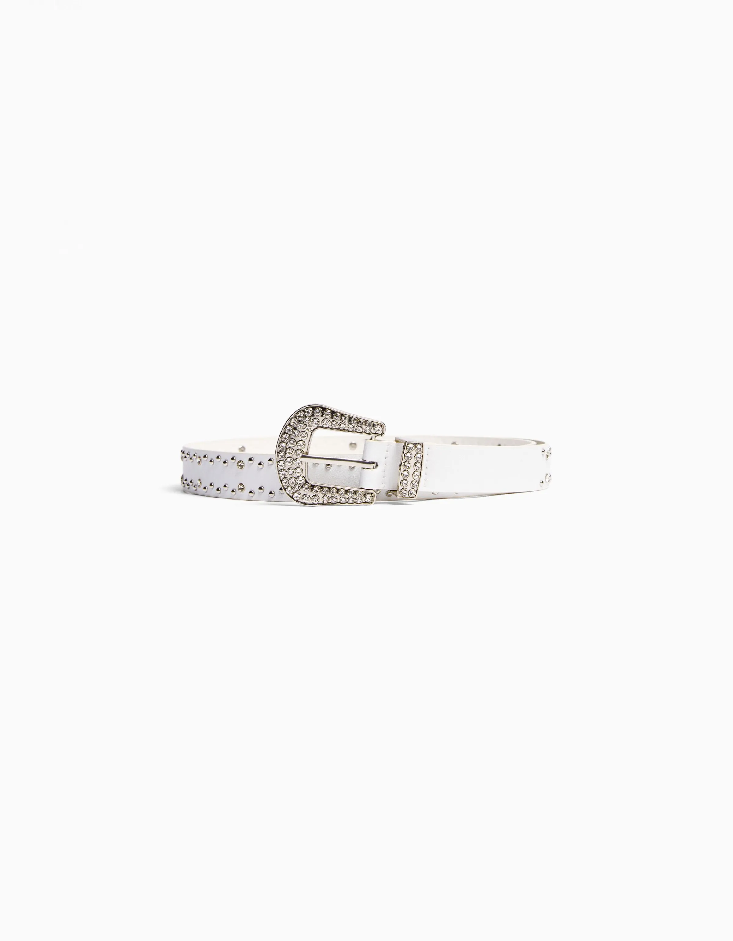 BERSHKA Cinturón tachas strass Blanco Cheap