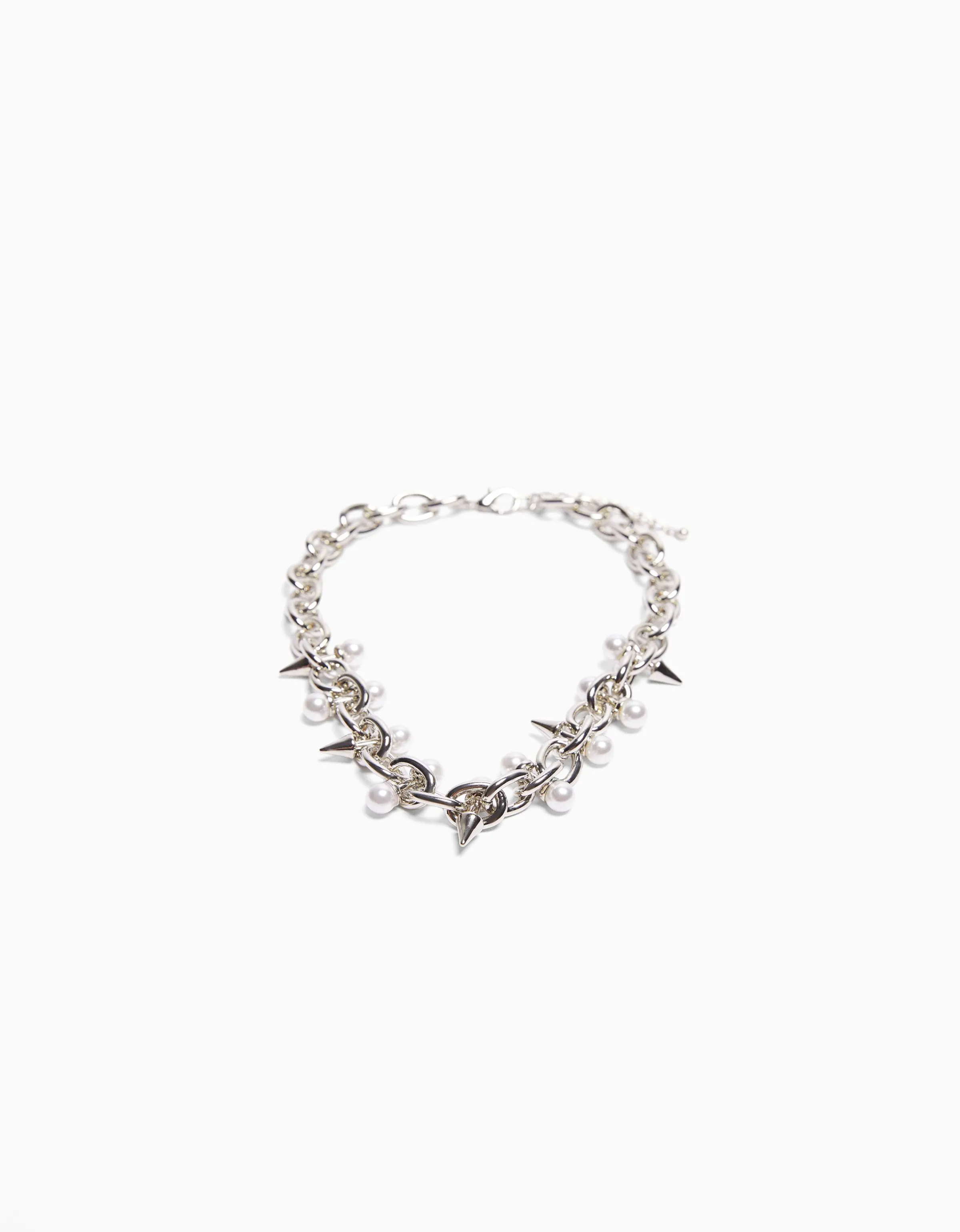 BERSHKA Collar pinchos efecto perlas Plata Cheap