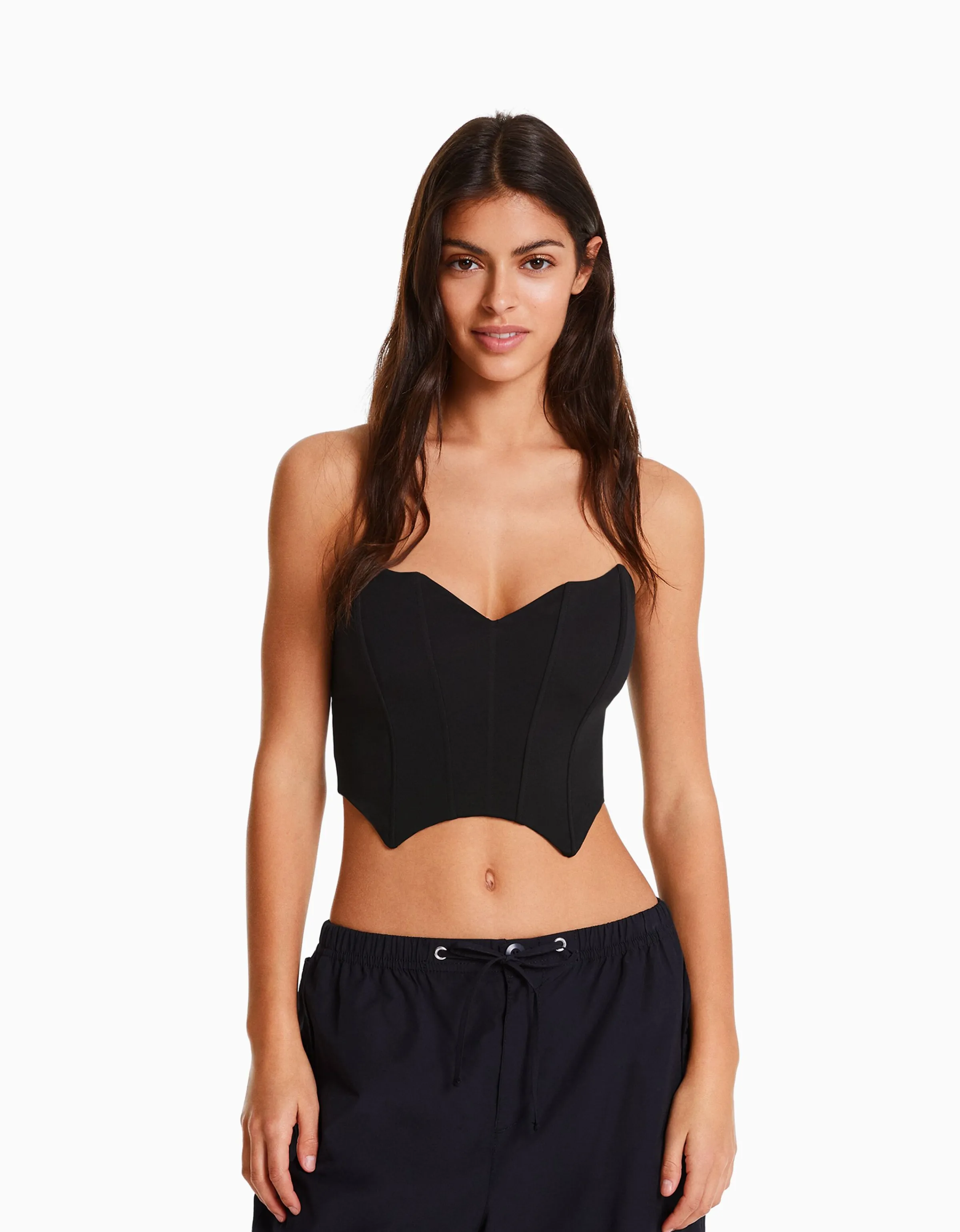 BERSHKA Corsé cropped escote picos Negro Cheap