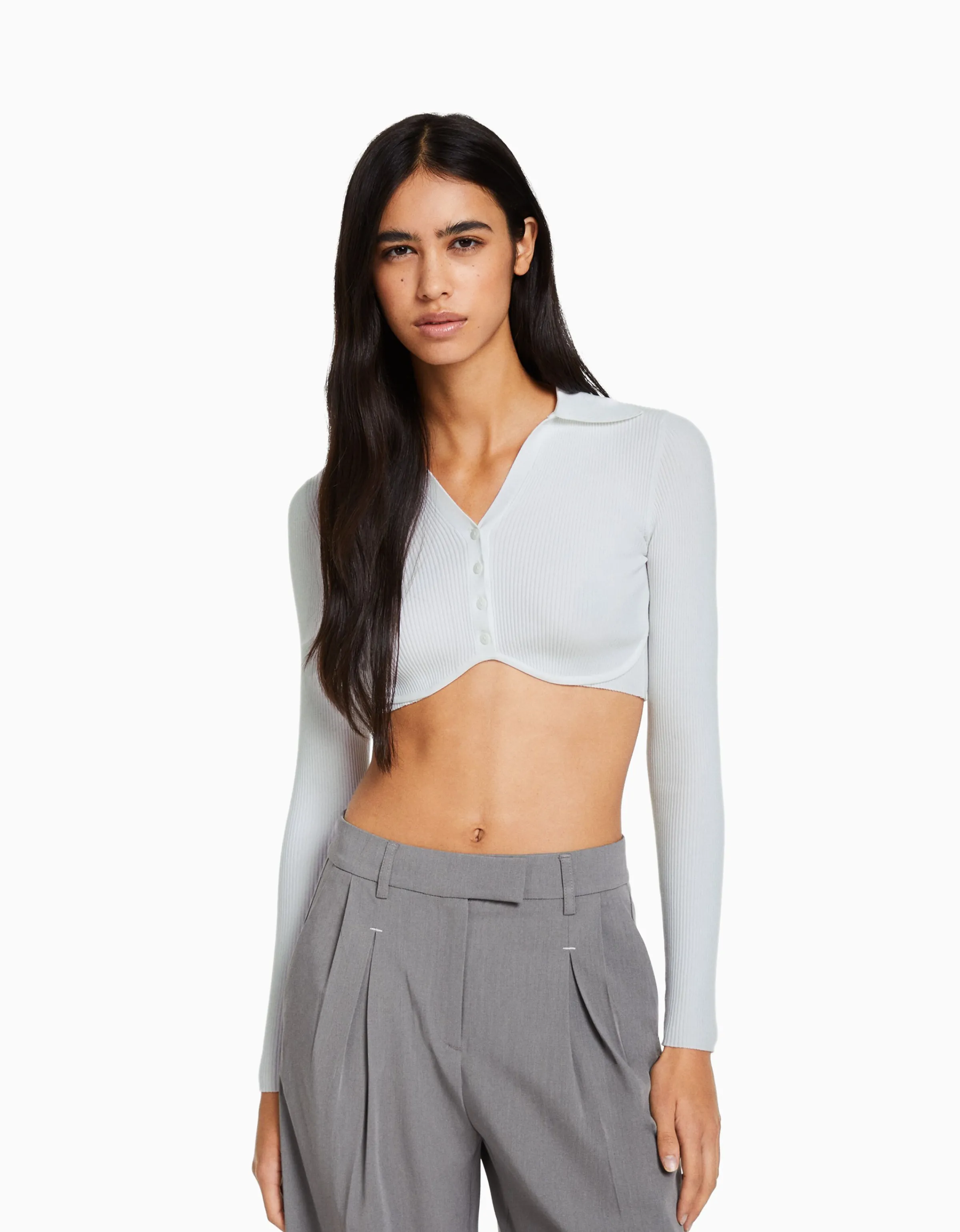 BERSHKA Cárdigan cuello polo cropped botones Blanco Clearance