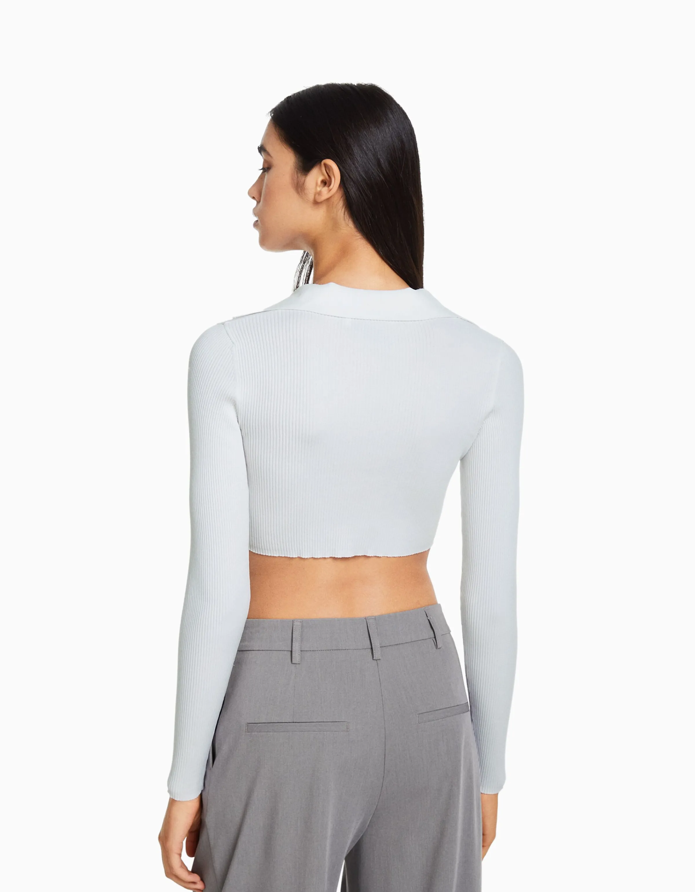 BERSHKA Cárdigan cuello polo cropped botones Blanco Clearance