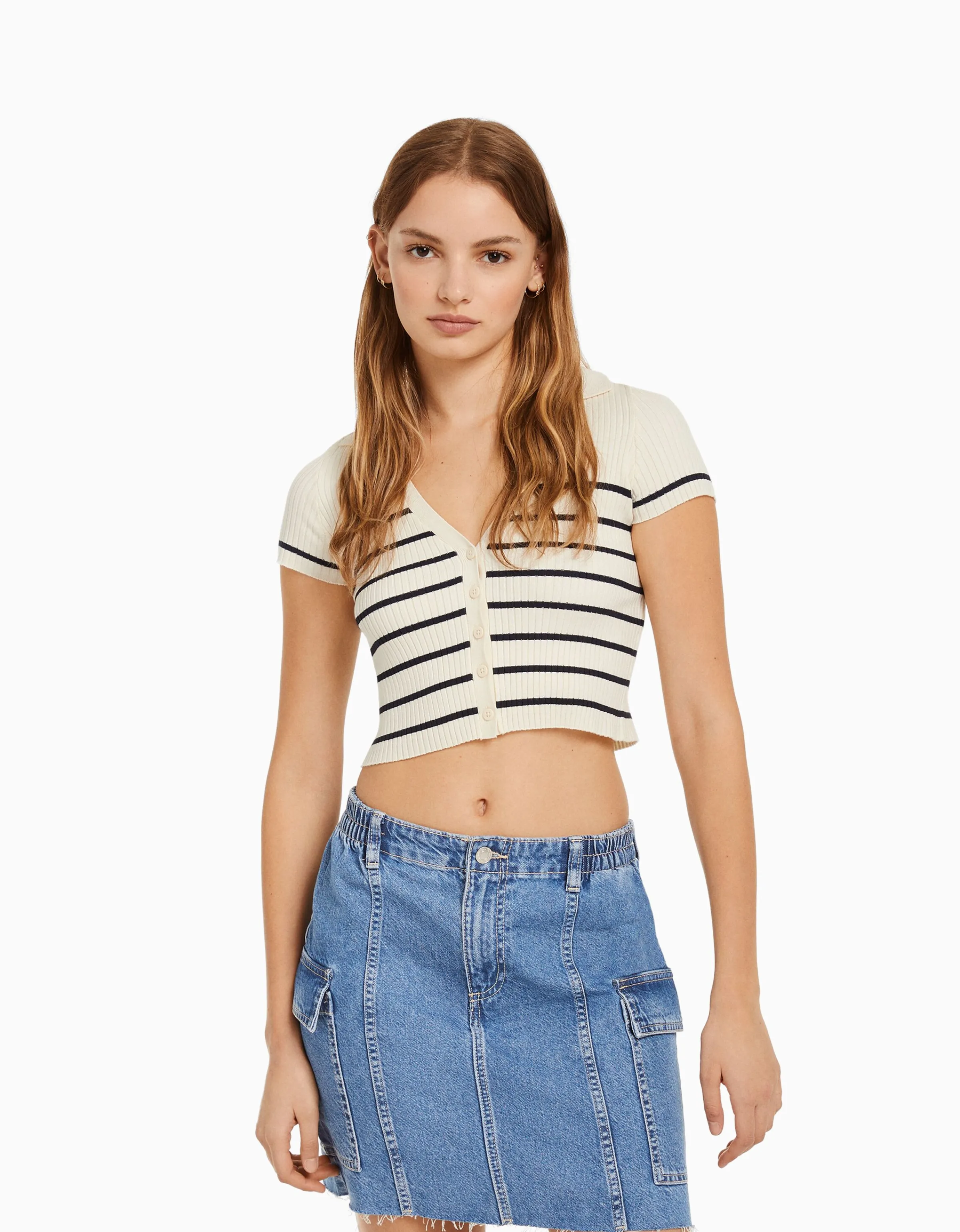 BERSHKA Cárdigan manga corta cuello polo Azul Discount