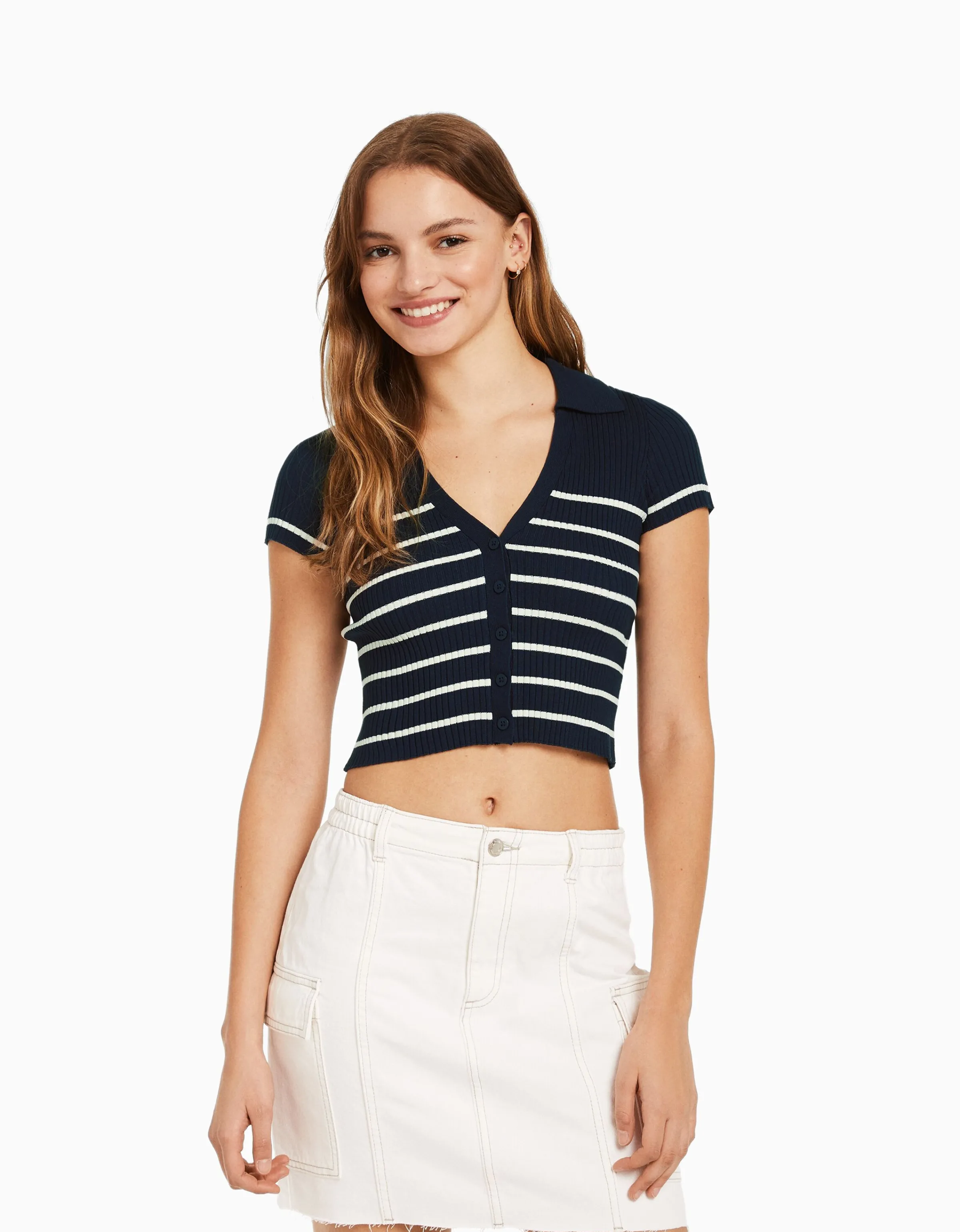 BERSHKA Cárdigan manga corta cuello polo Azul Outlet