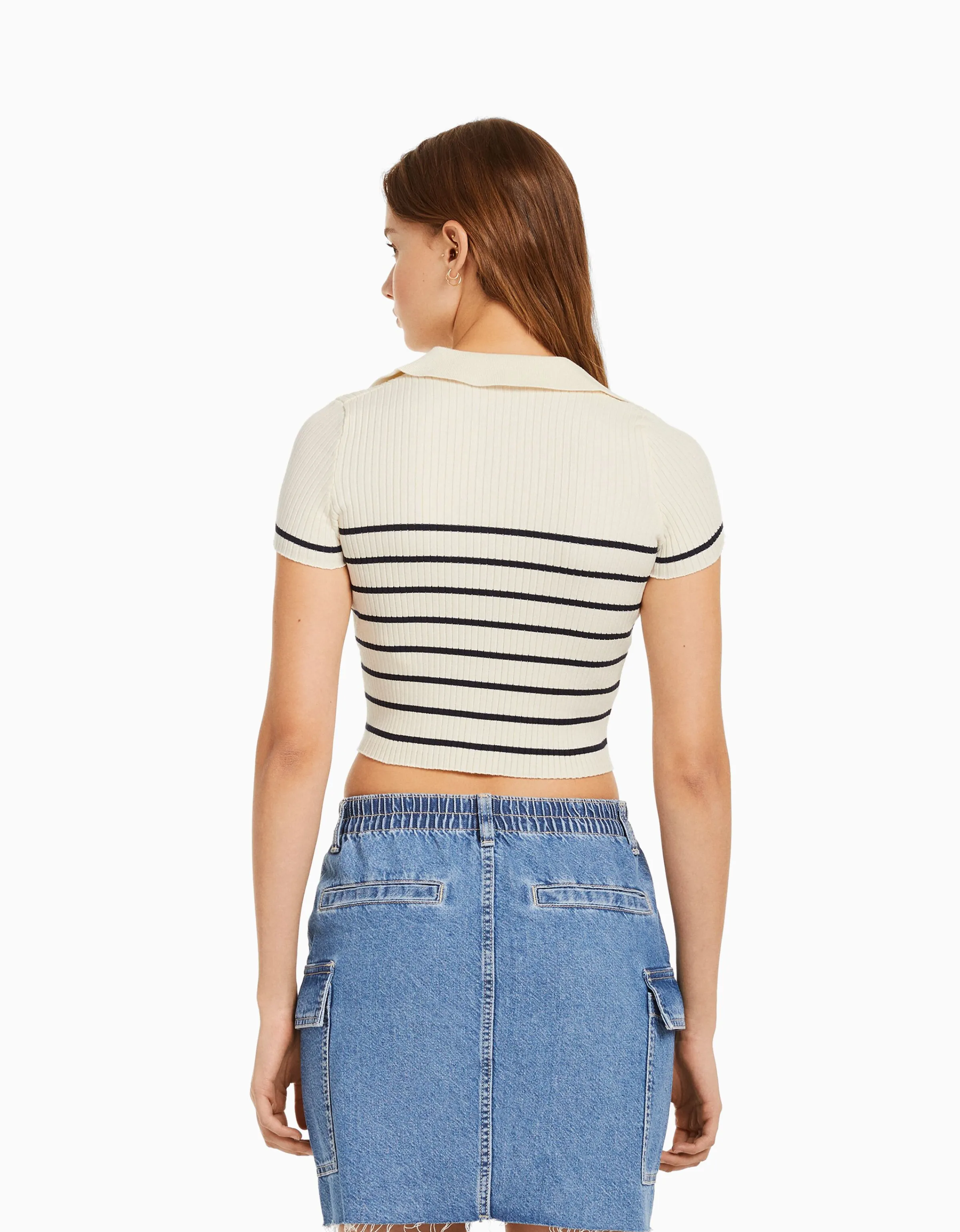 BERSHKA Cárdigan manga corta cuello polo Azul Discount