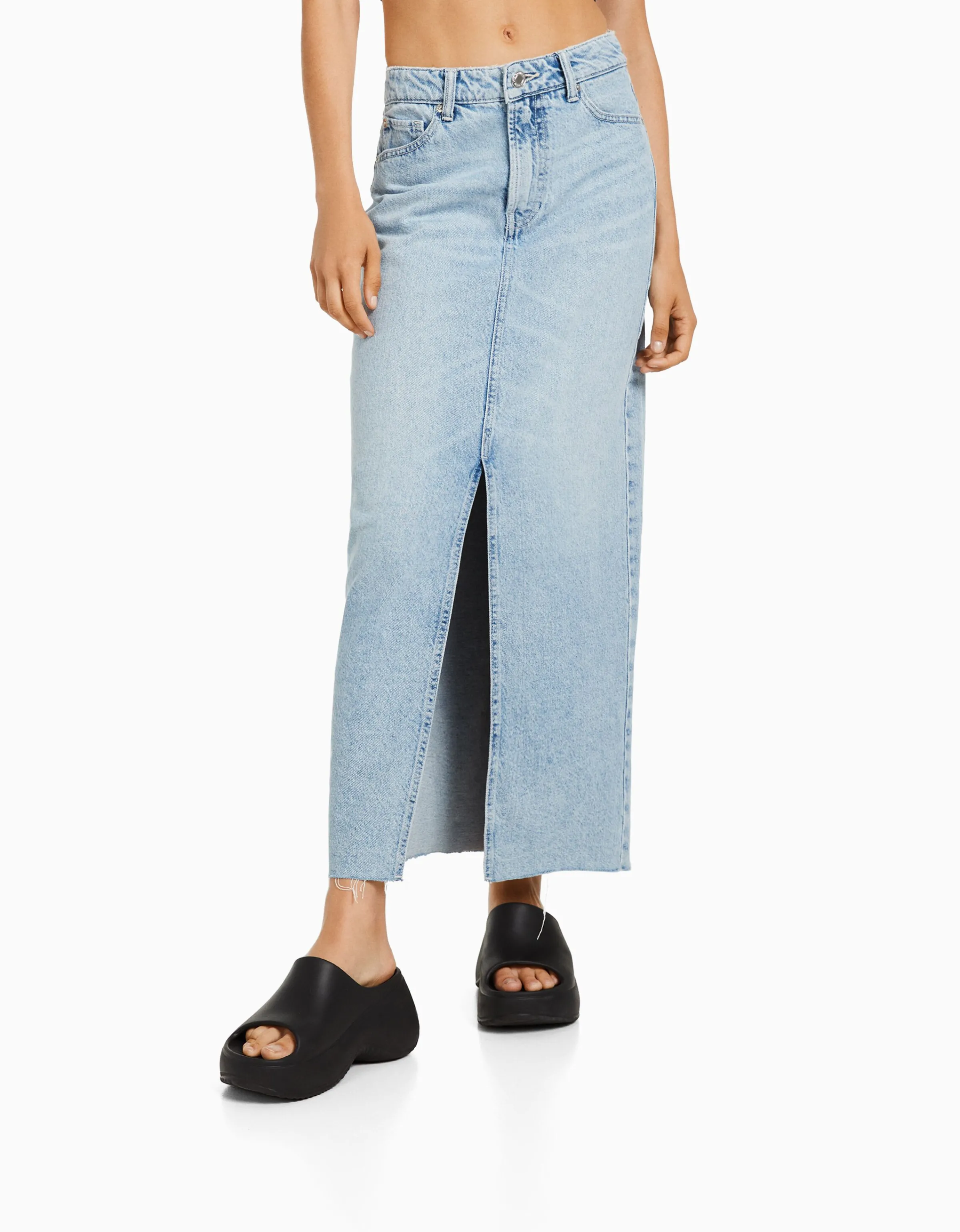 BERSHKA Falda denim larga Azul lavado Fashion