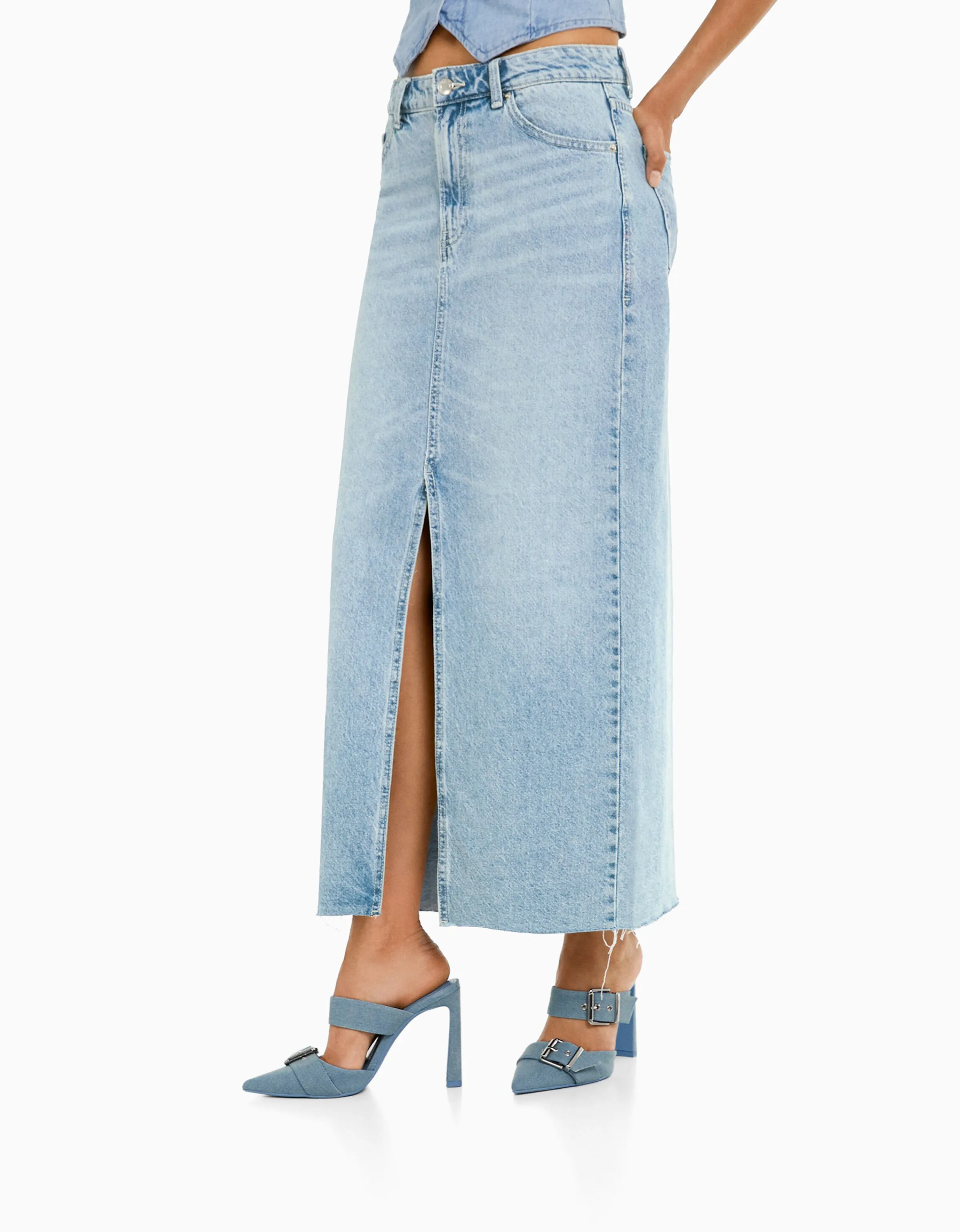 BERSHKA Falda denim larga Azul lavado Discount