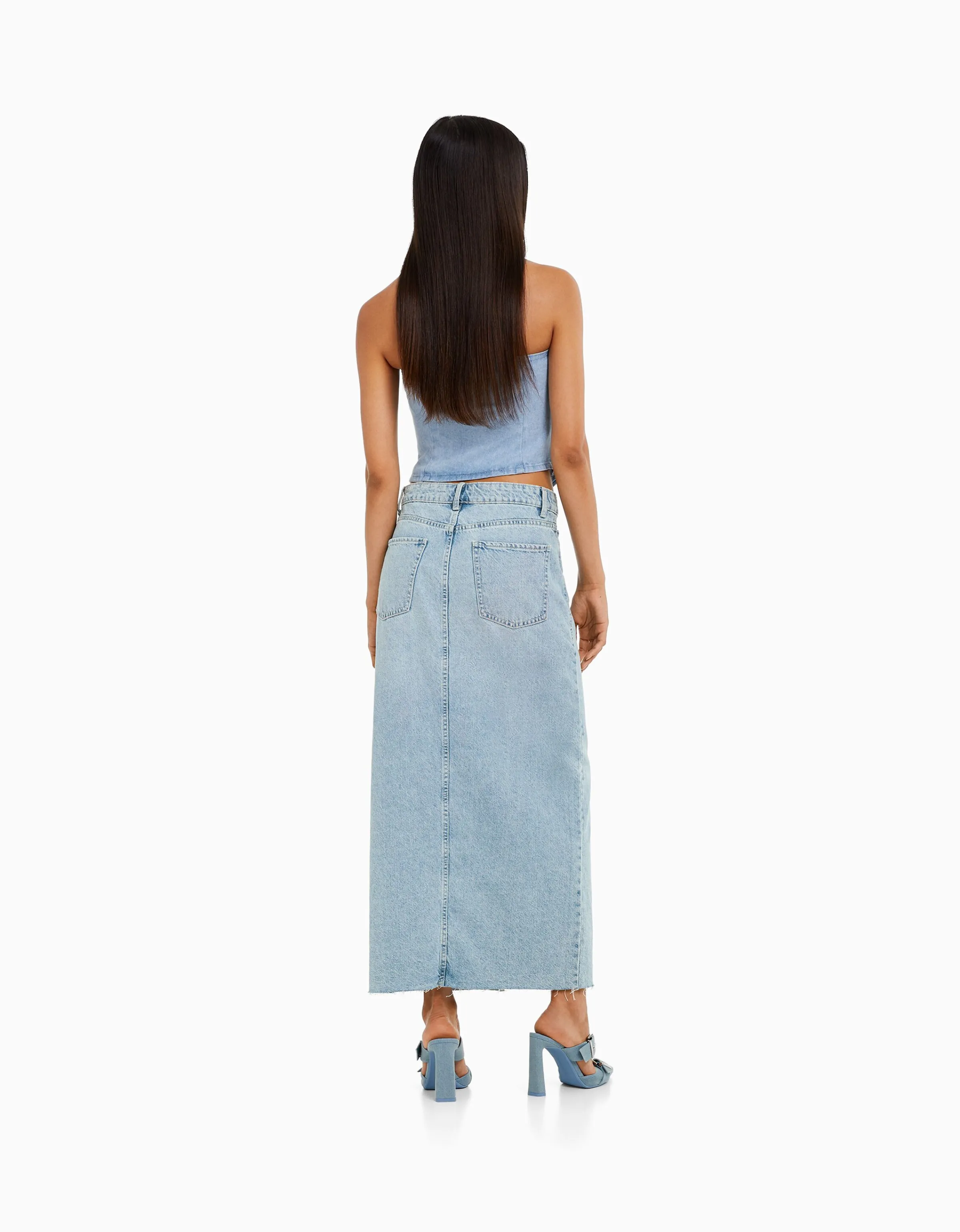 BERSHKA Falda denim larga Azul lavado Discount