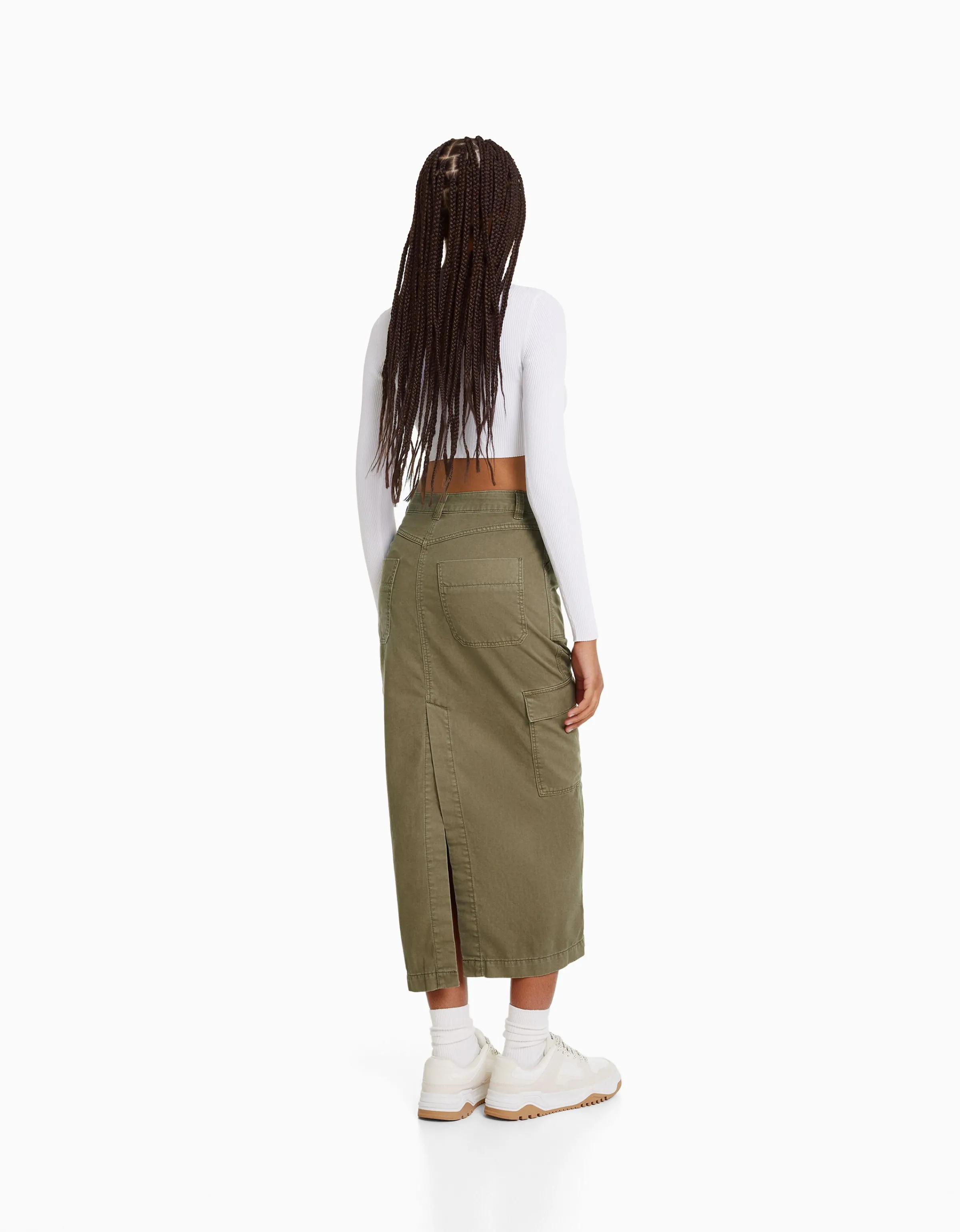 BERSHKA Falda midi carpenter algodón Arena Clearance