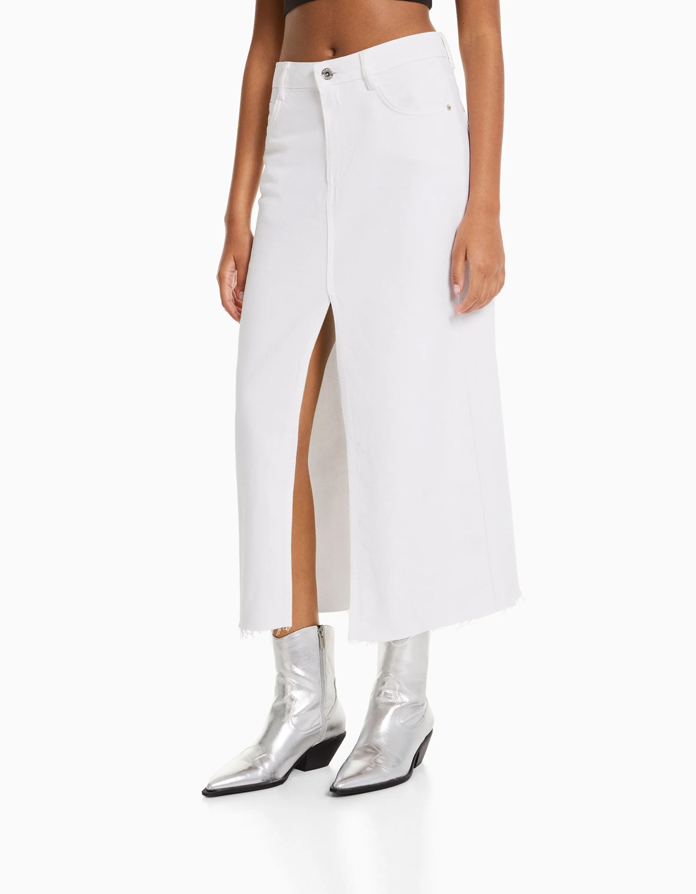 BERSHKA Falda midi sarga algodón abertura delantera Blanco Flash Sale