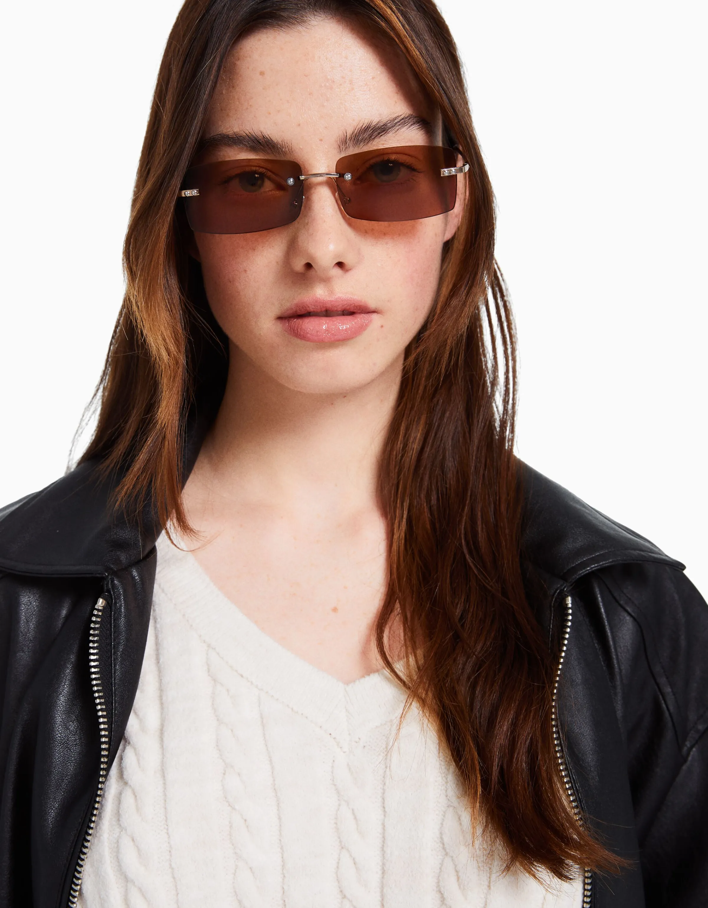 BERSHKA Gafas rectangular sin marco Marrón Clearance