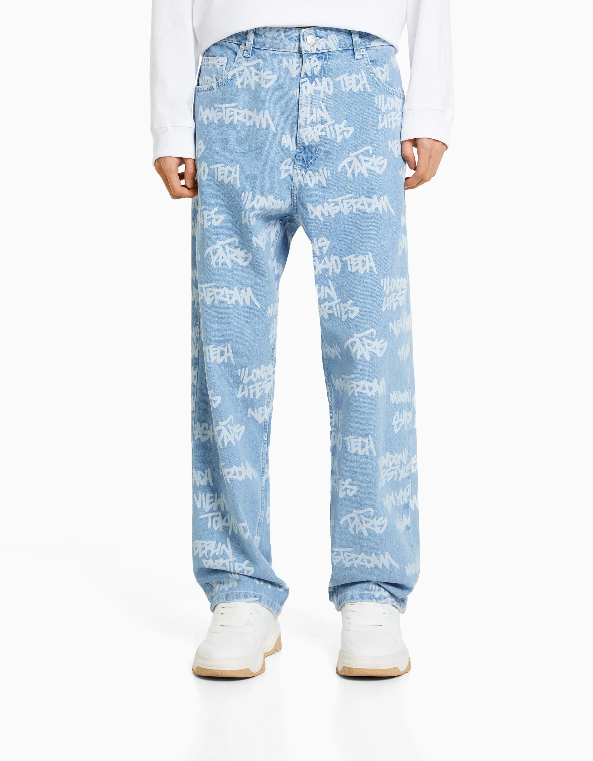 BERSHKA Jeans baggy print Azul lavado Cheap