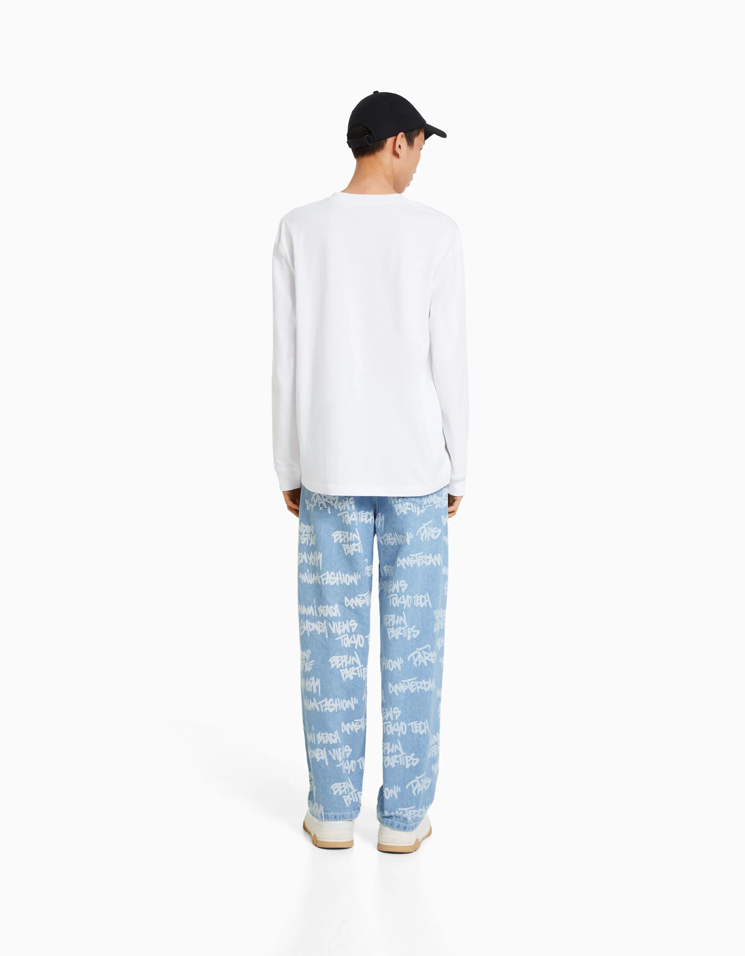 BERSHKA Jeans baggy print Azul lavado New