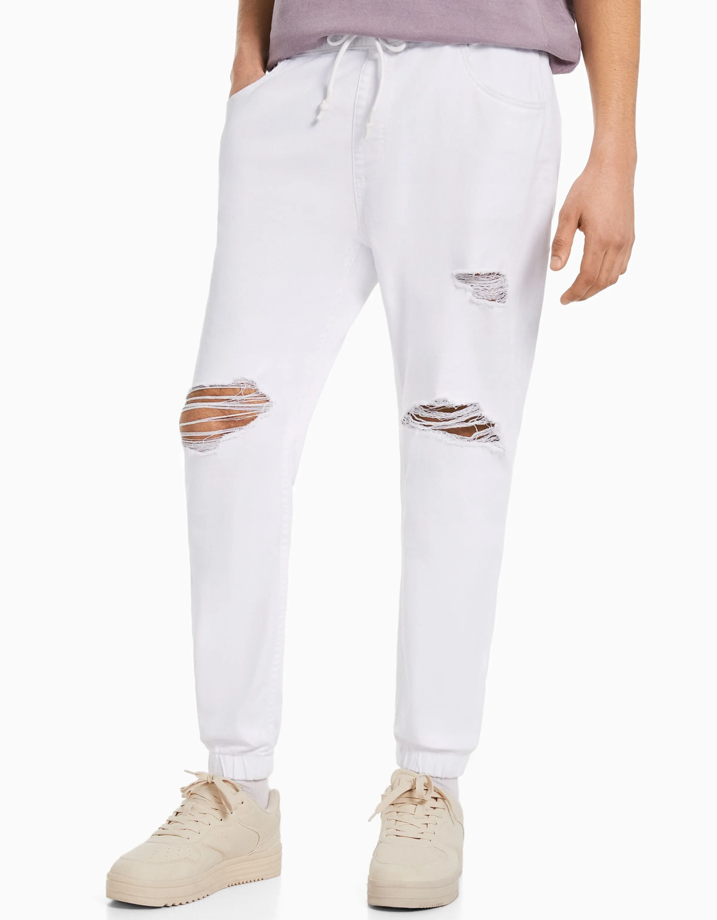 BERSHKA Jeans jogger color rotos Blanco Cheap