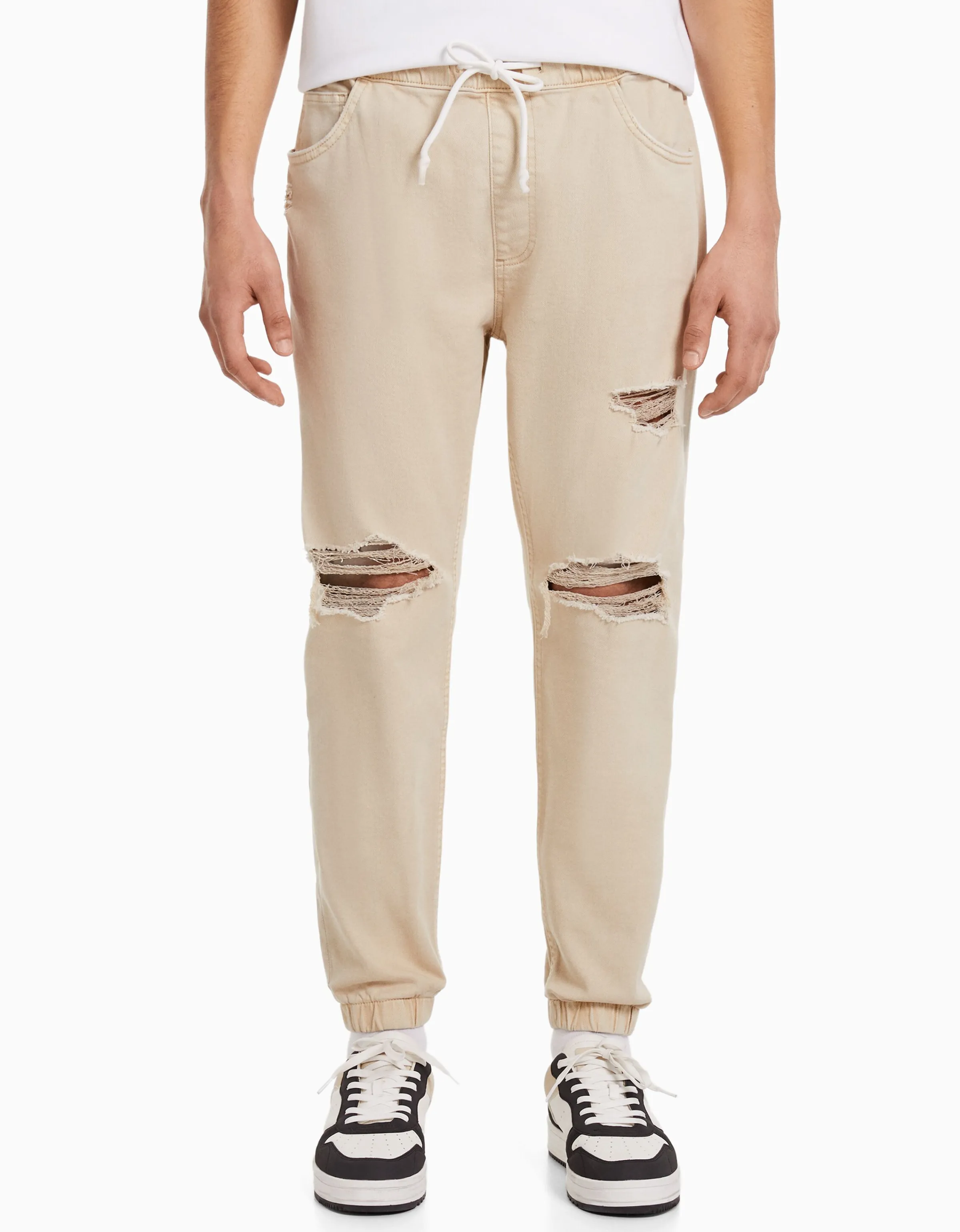 BERSHKA Jeans jogger color rotos Blanco Best Sale