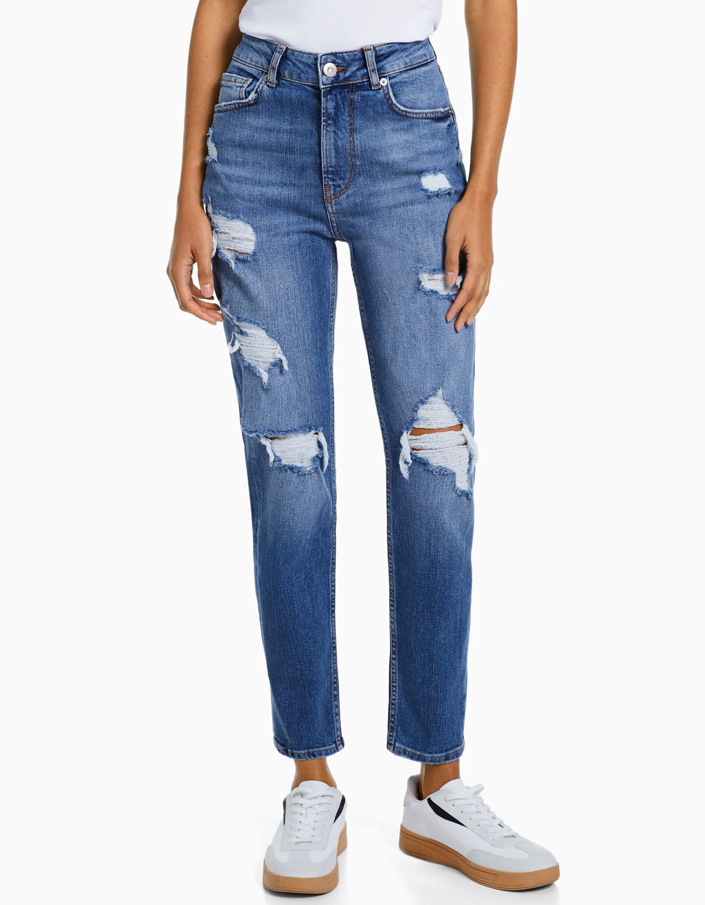 BERSHKA Jeans mom confort rotos Azul Shop