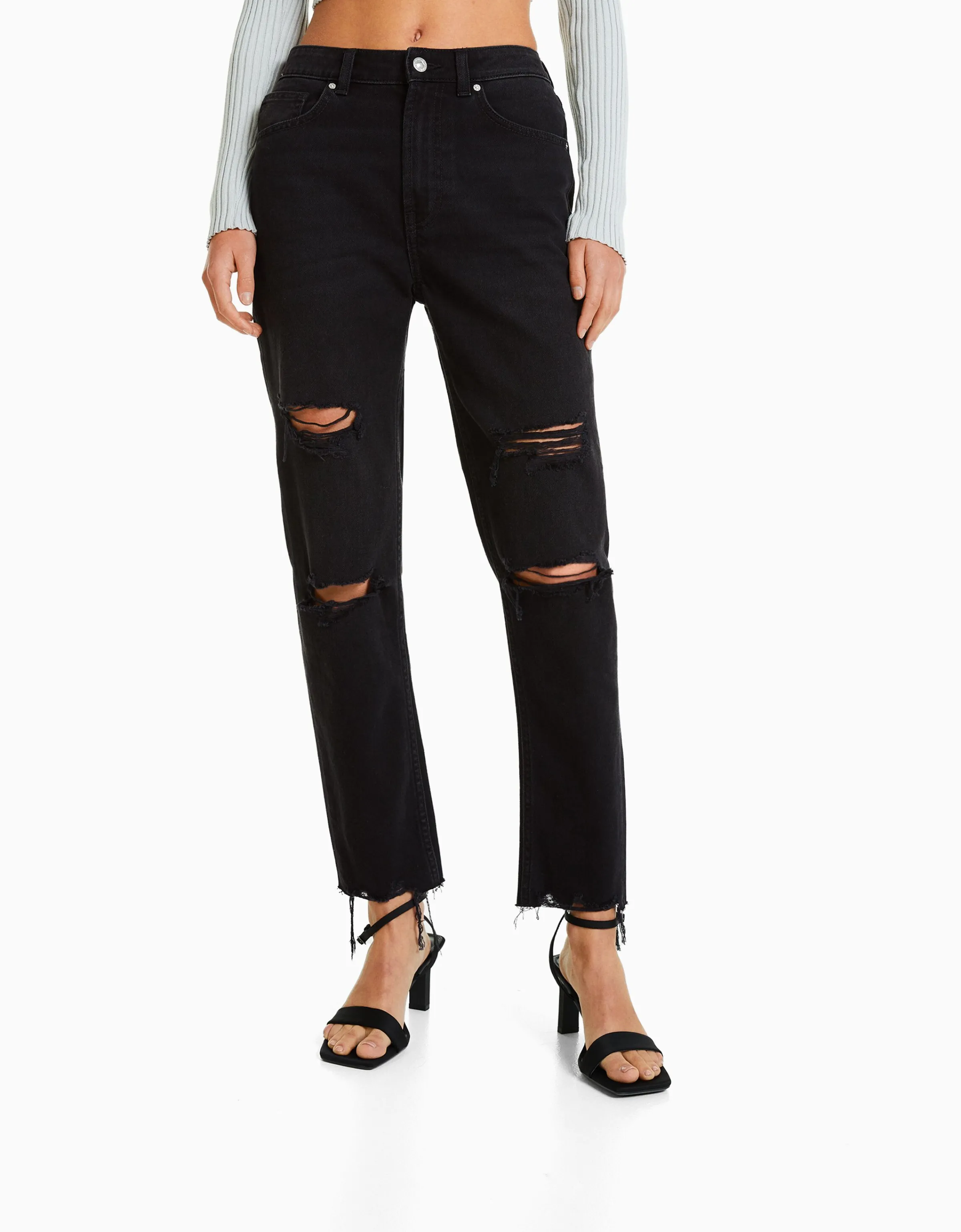 BERSHKA Jeans mom rotos Azul Sale