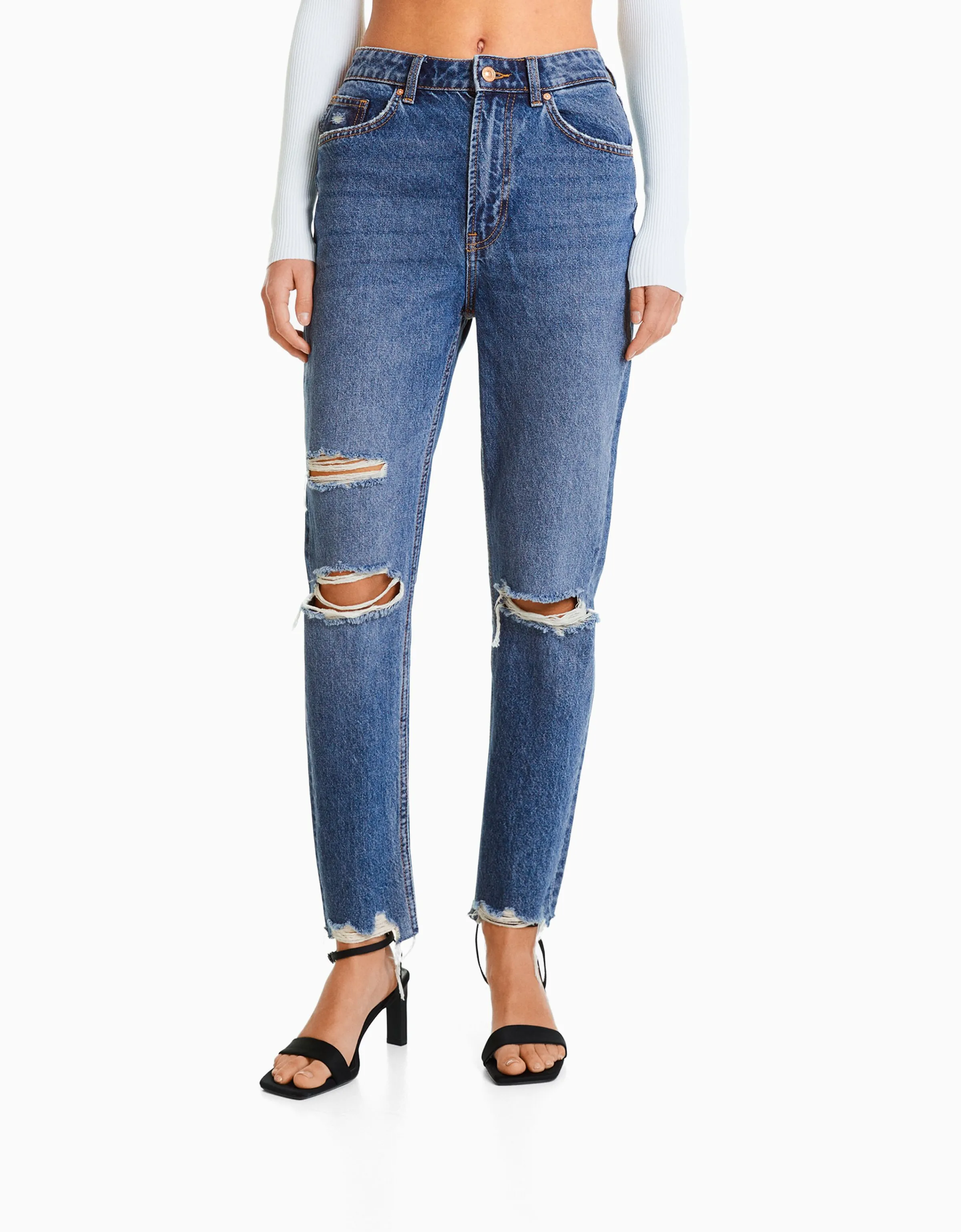 BERSHKA Jeans mom rotos Azul Shop