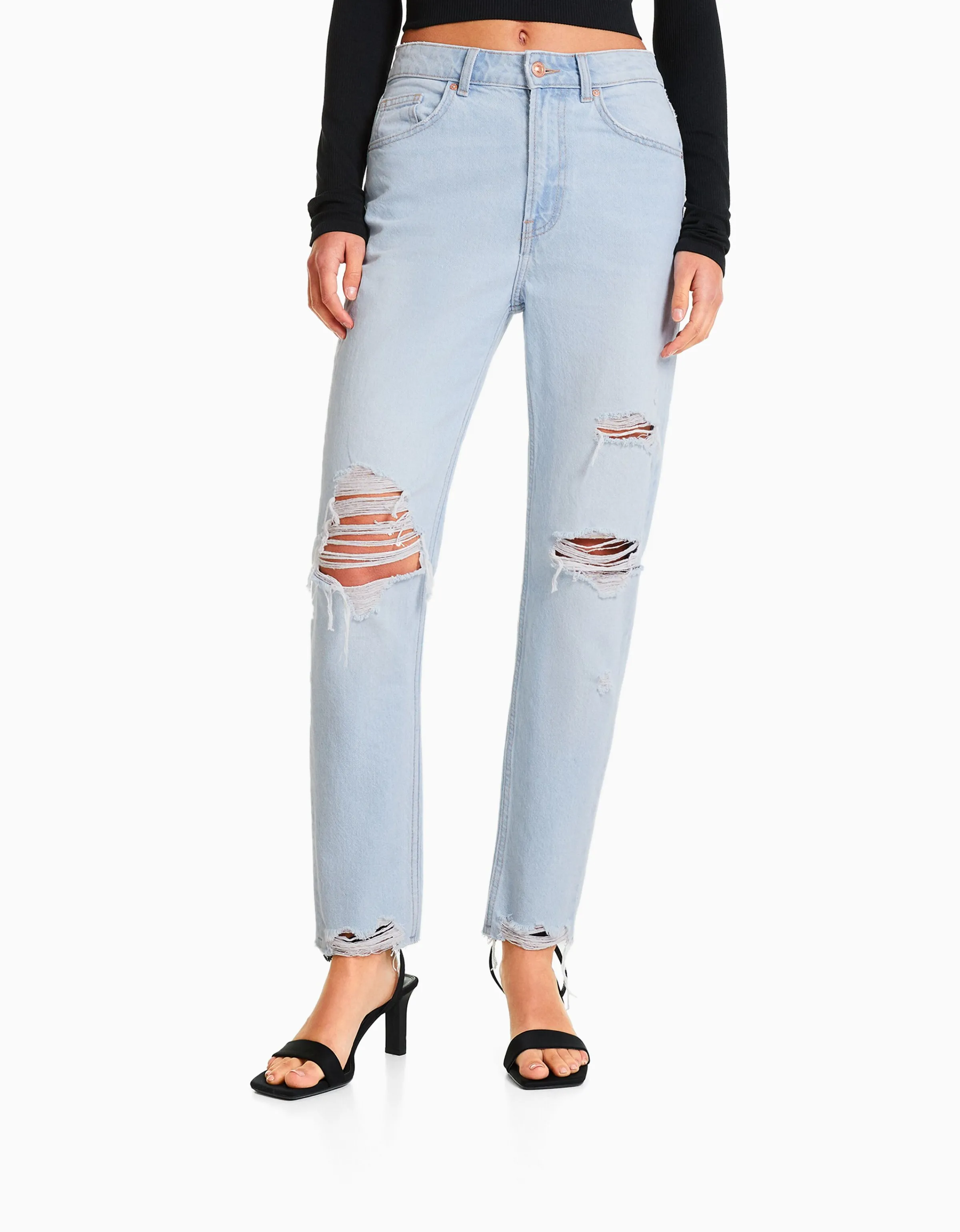 BERSHKA Jeans mom rotos Azul Cheap