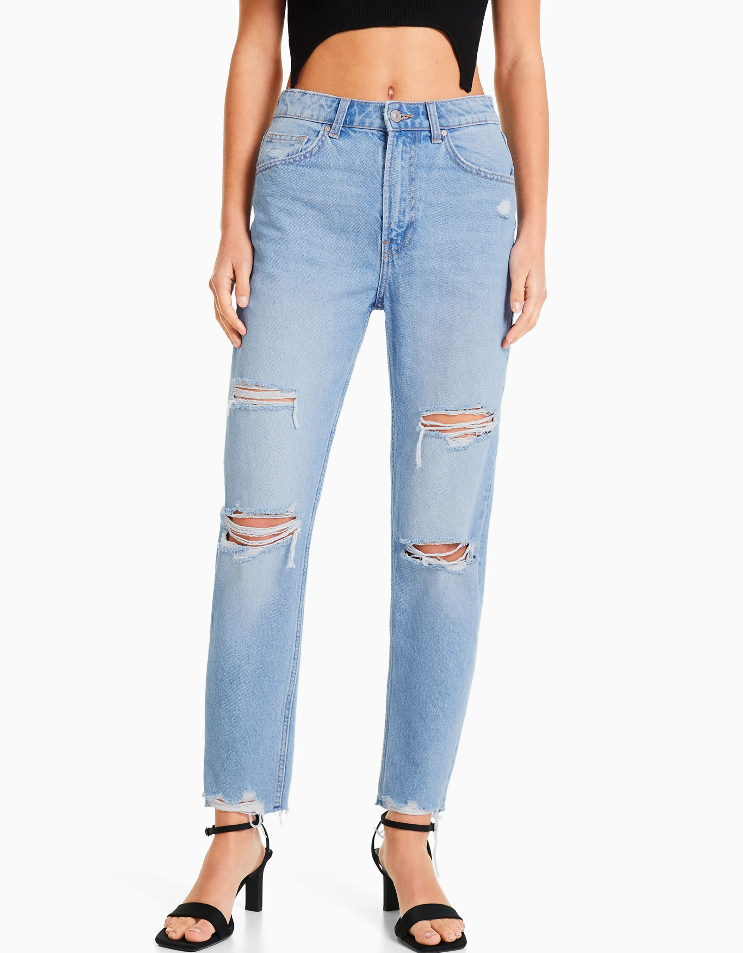 BERSHKA Jeans mom rotos Azul Online