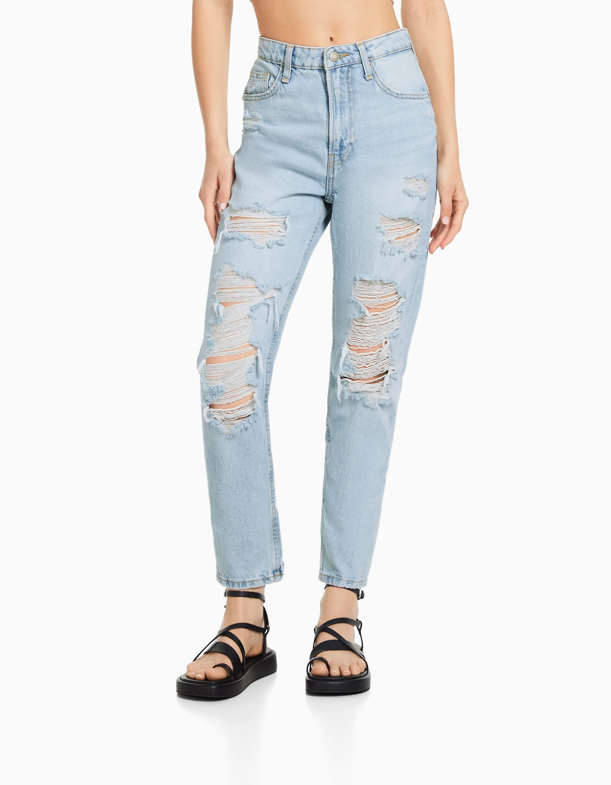 BERSHKA Jeans mom rotos Azul lavado Best