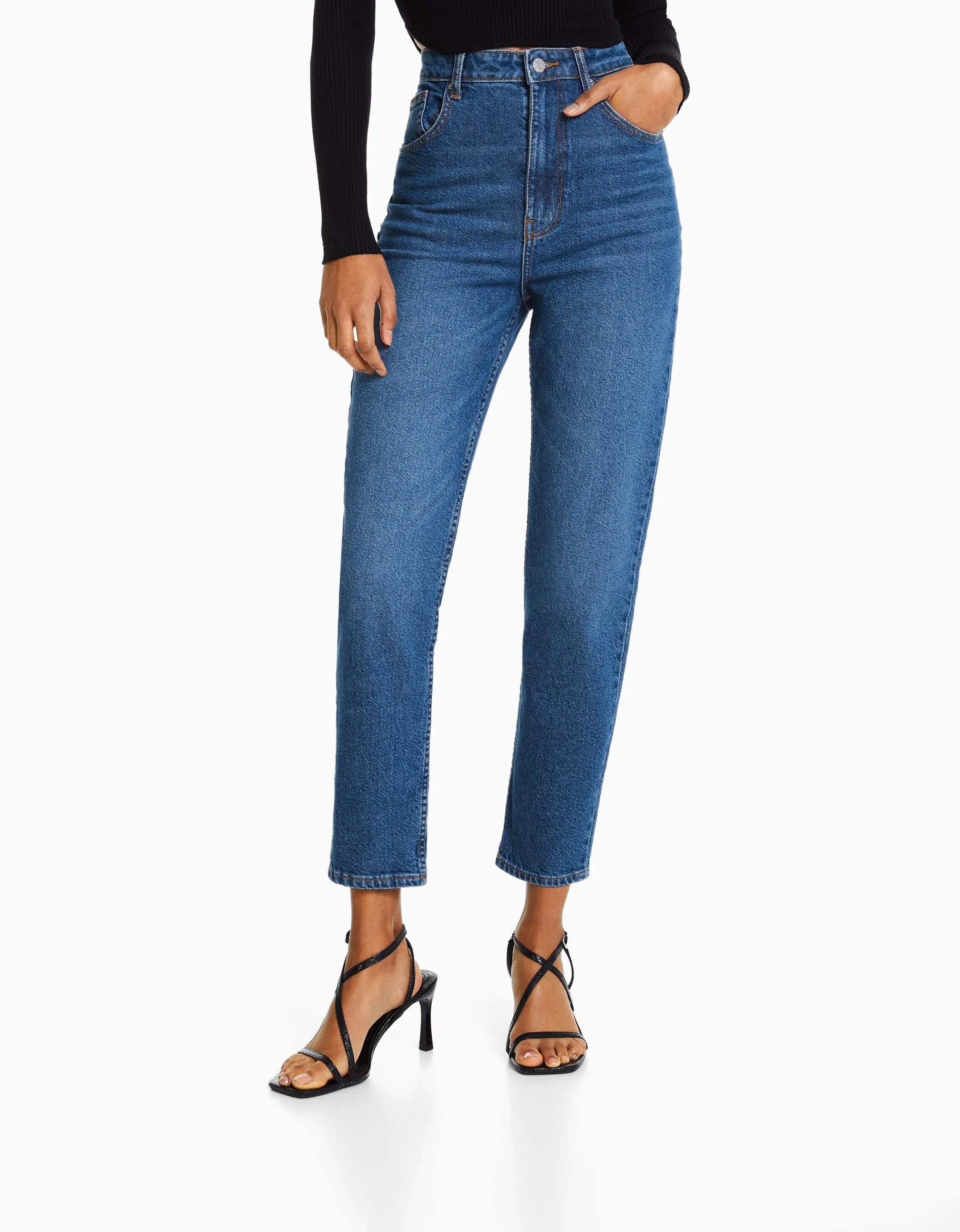 BERSHKA Jeans mom slim confort Azul lavado Discount